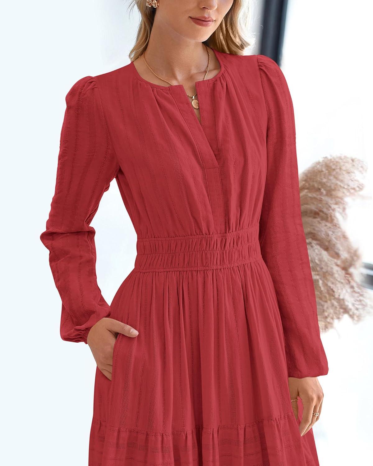 imageBTFBM Fall Dresses for Women 2025 Casual Long Sleeve V Neck Elastic Waist Lightweight Maxi Wedding Guest Dress PocketsRed
