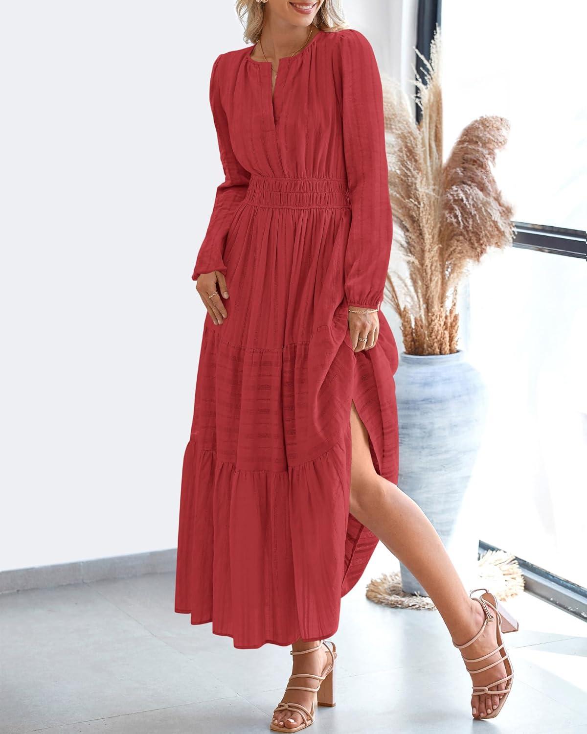 imageBTFBM Fall Dresses for Women 2025 Casual Long Sleeve V Neck Elastic Waist Lightweight Maxi Wedding Guest Dress PocketsRed