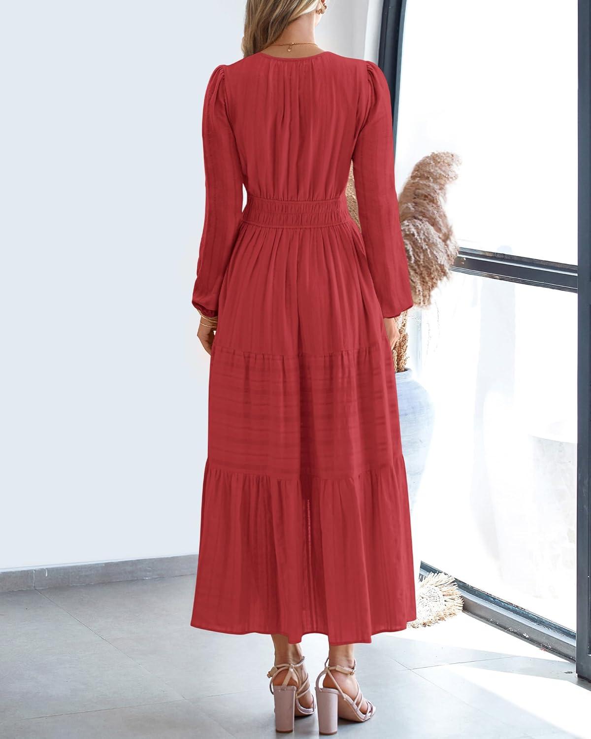 imageBTFBM Fall Dresses for Women 2025 Casual Long Sleeve V Neck Elastic Waist Lightweight Maxi Wedding Guest Dress PocketsRed