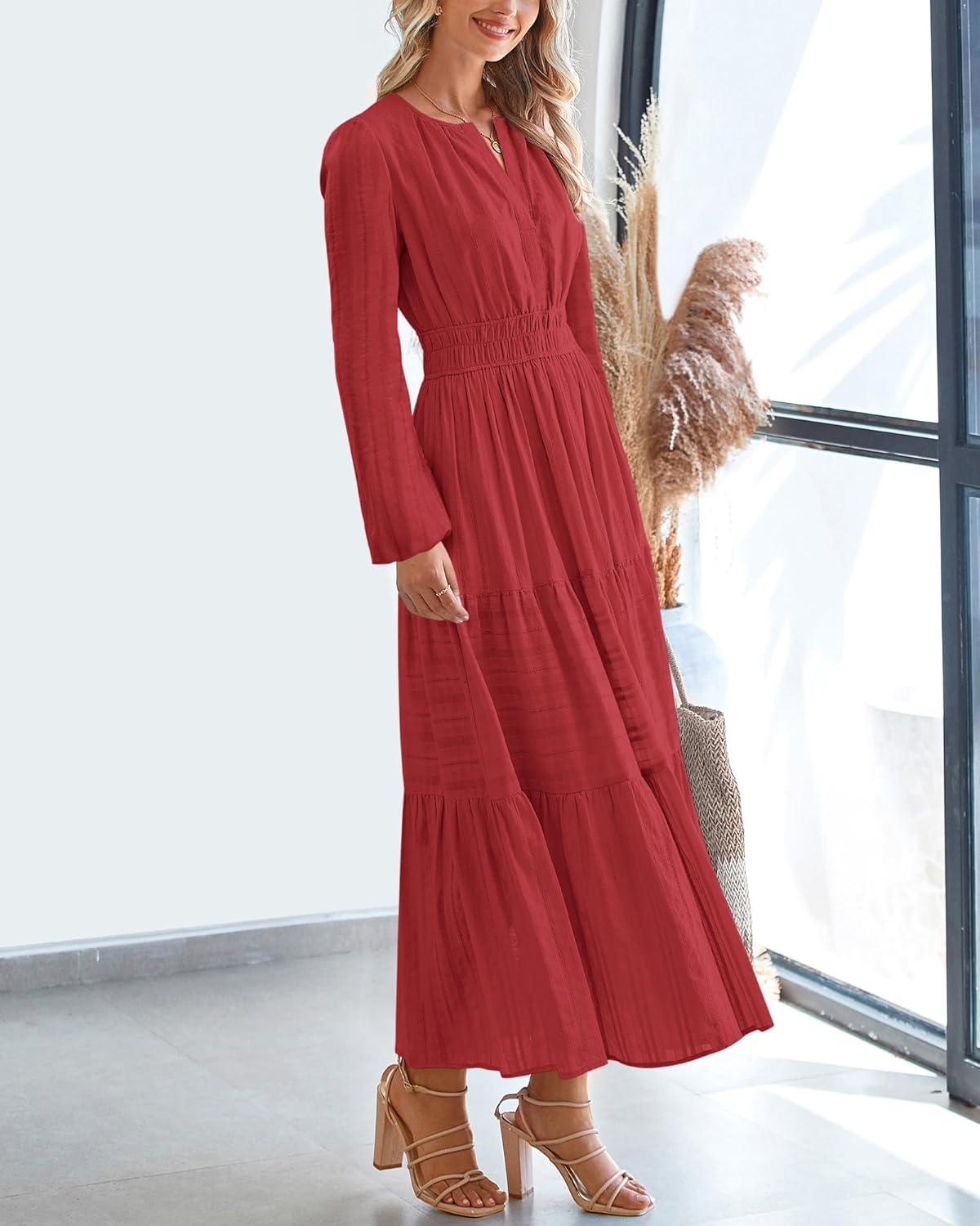 imageBTFBM Fall Dresses for Women 2025 Casual Long Sleeve V Neck Elastic Waist Lightweight Maxi Wedding Guest Dress PocketsRed
