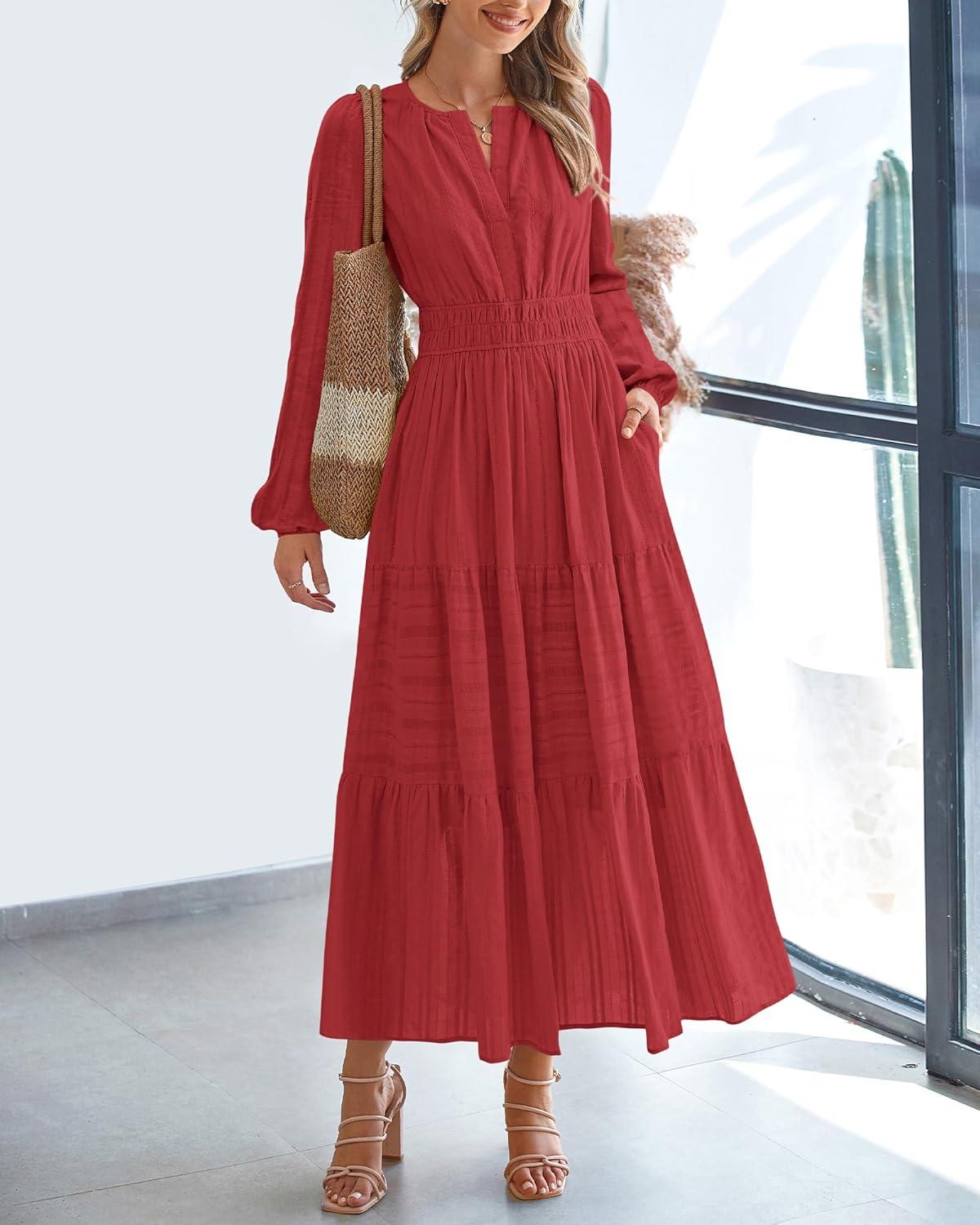 imageBTFBM Fall Dresses for Women 2025 Casual Long Sleeve V Neck Elastic Waist Lightweight Maxi Wedding Guest Dress PocketsRed