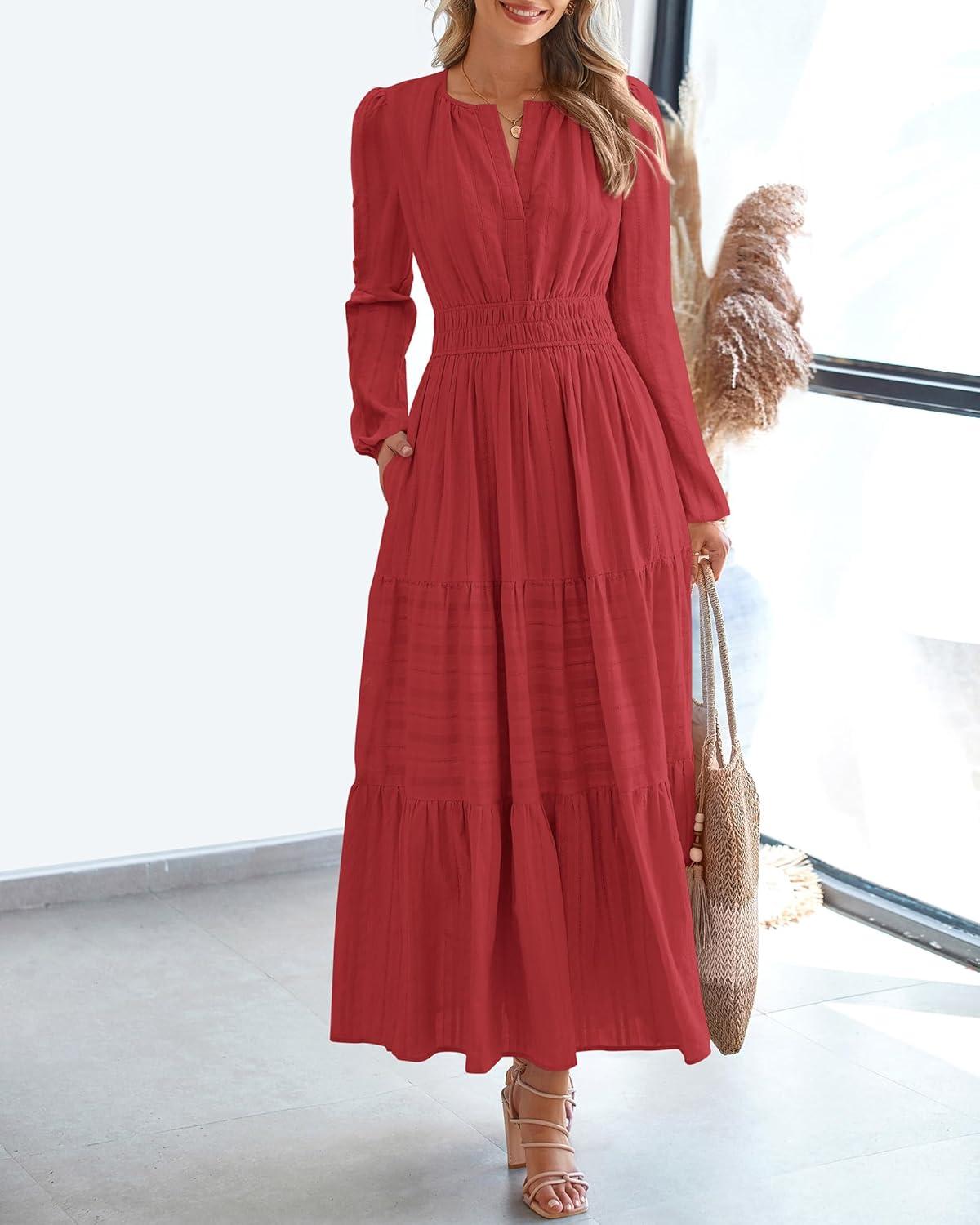 imageBTFBM Fall Dresses for Women 2025 Casual Long Sleeve V Neck Elastic Waist Lightweight Maxi Wedding Guest Dress PocketsRed