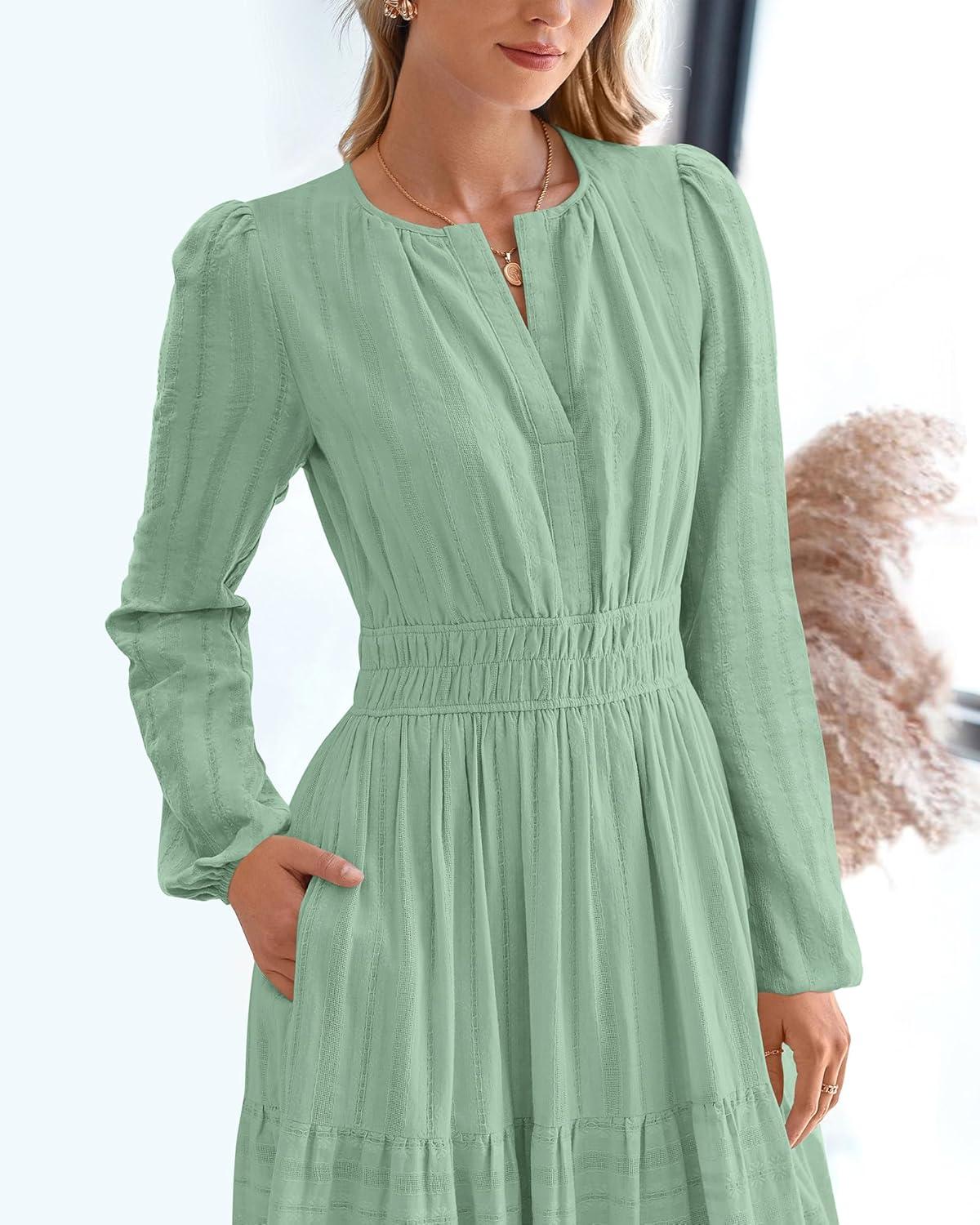 imageBTFBM Fall Dresses for Women 2025 Casual Long Sleeve V Neck Elastic Waist Lightweight Maxi Wedding Guest Dress PocketsSage Green