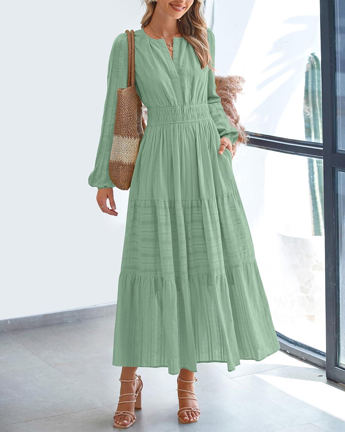 imageBTFBM Fall Dresses for Women 2025 Casual Long Sleeve V Neck Elastic Waist Lightweight Maxi Wedding Guest Dress PocketsSage Green