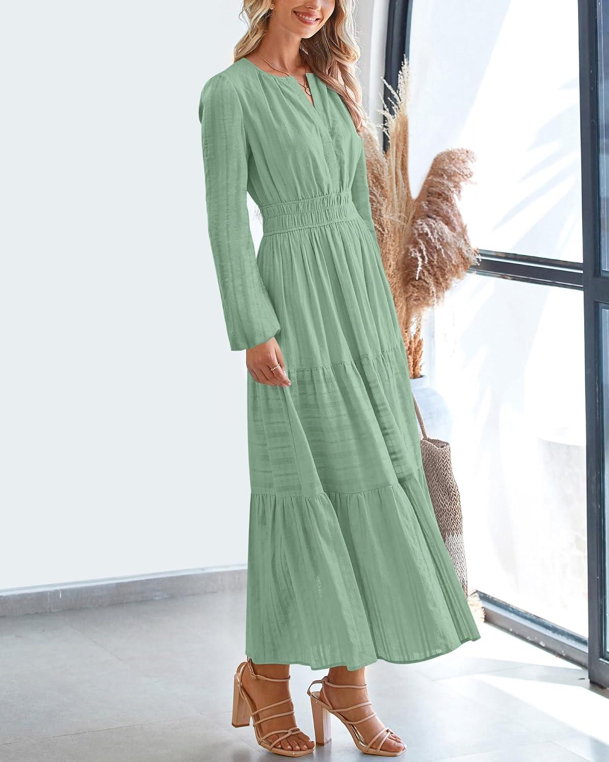 imageBTFBM Fall Dresses for Women 2025 Casual Long Sleeve V Neck Elastic Waist Lightweight Maxi Wedding Guest Dress PocketsSage Green