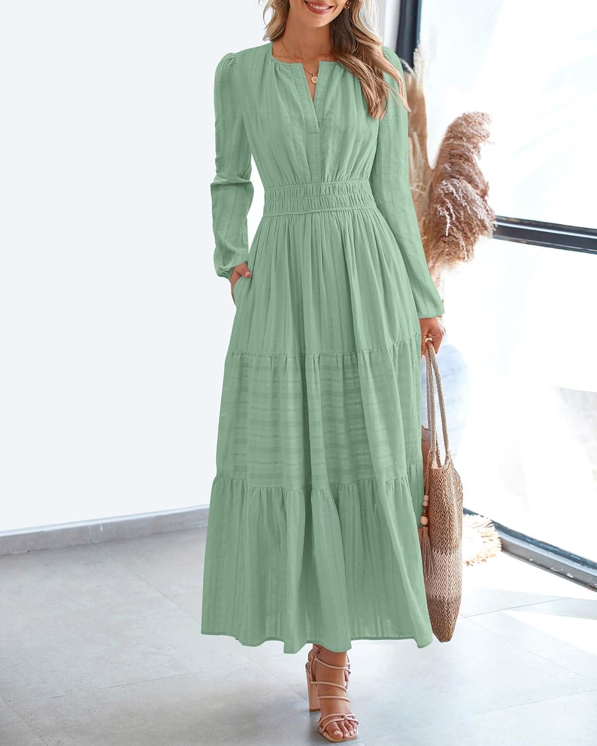 imageBTFBM Fall Dresses for Women 2025 Casual Long Sleeve V Neck Elastic Waist Lightweight Maxi Wedding Guest Dress PocketsSage Green