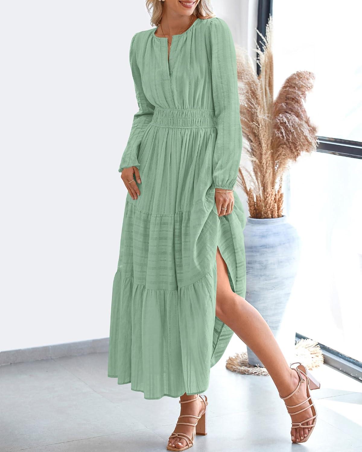 imageBTFBM Fall Dresses for Women 2025 Casual Long Sleeve V Neck Elastic Waist Lightweight Maxi Wedding Guest Dress PocketsSage Green