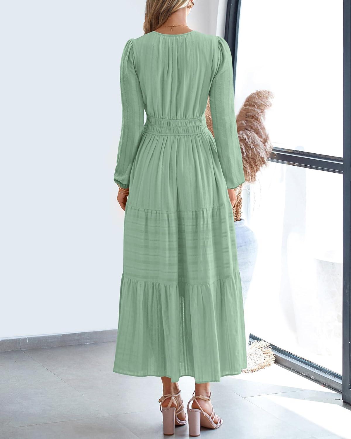 imageBTFBM Fall Dresses for Women 2025 Casual Long Sleeve V Neck Elastic Waist Lightweight Maxi Wedding Guest Dress PocketsSage Green