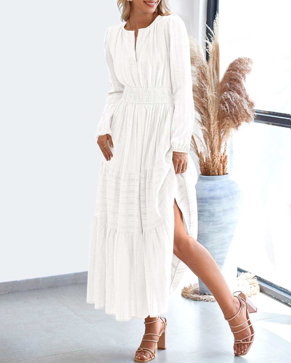 imageBTFBM Fall Dresses for Women 2025 Casual Long Sleeve V Neck Elastic Waist Lightweight Maxi Wedding Guest Dress PocketsWhite