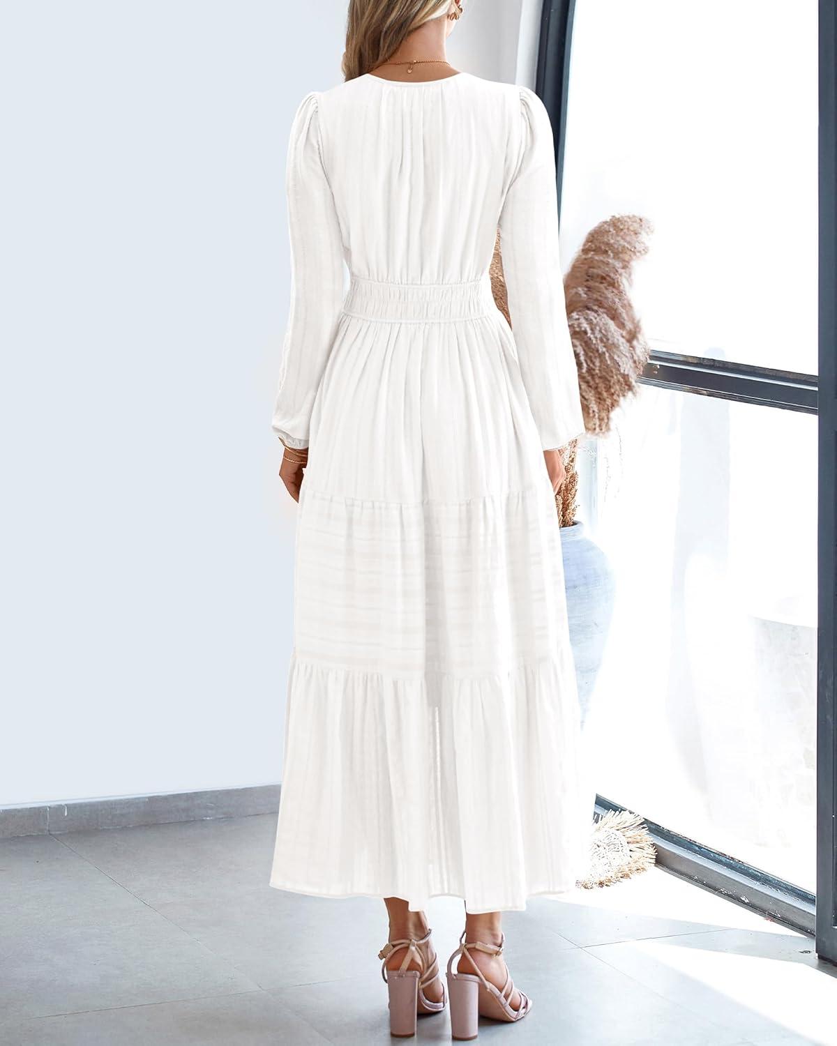 imageBTFBM Fall Dresses for Women 2025 Casual Long Sleeve V Neck Elastic Waist Lightweight Maxi Wedding Guest Dress PocketsWhite