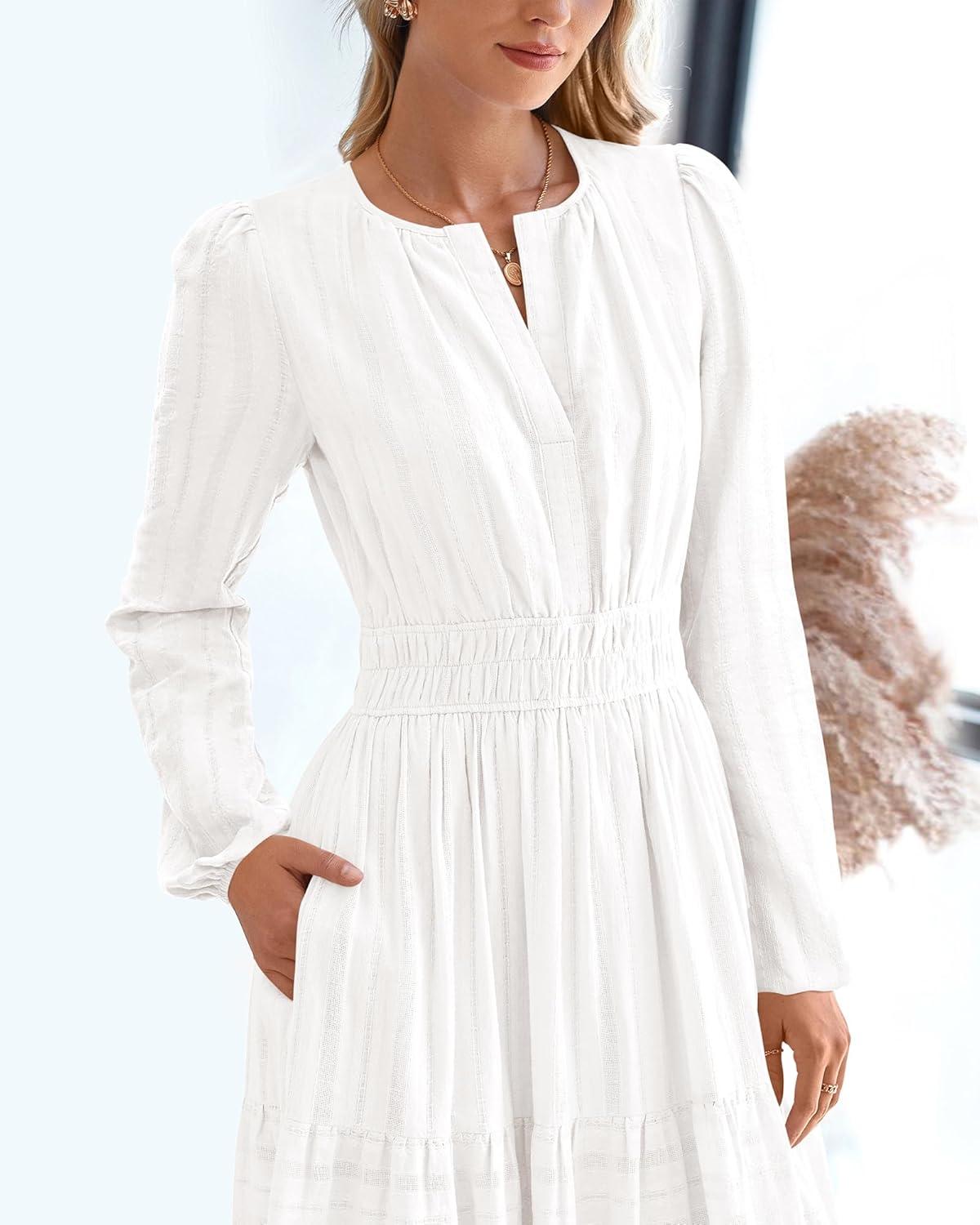 imageBTFBM Fall Dresses for Women 2025 Casual Long Sleeve V Neck Elastic Waist Lightweight Maxi Wedding Guest Dress PocketsWhite