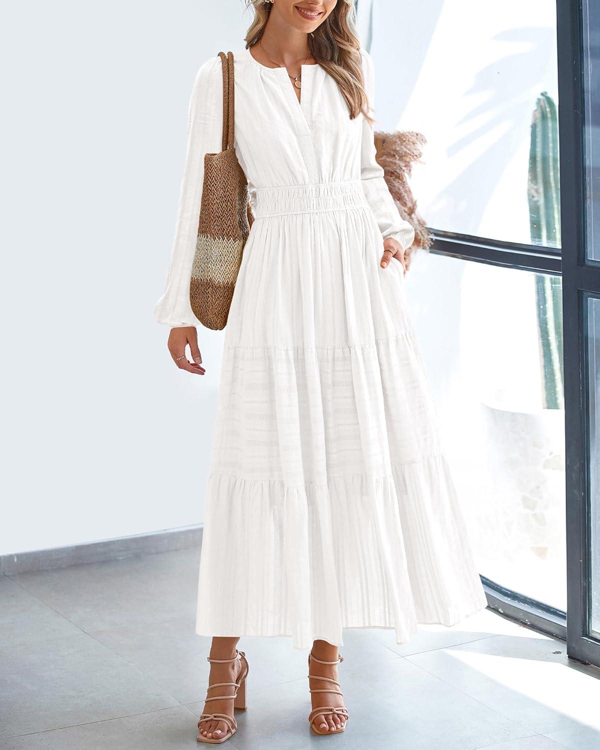 imageBTFBM Fall Dresses for Women 2025 Casual Long Sleeve V Neck Elastic Waist Lightweight Maxi Wedding Guest Dress PocketsWhite