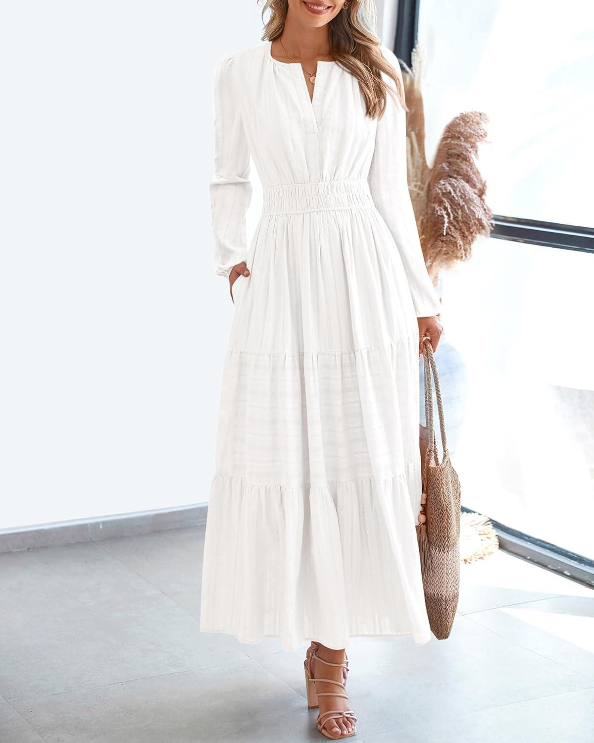 imageBTFBM Fall Dresses for Women 2025 Casual Long Sleeve V Neck Elastic Waist Lightweight Maxi Wedding Guest Dress PocketsWhite