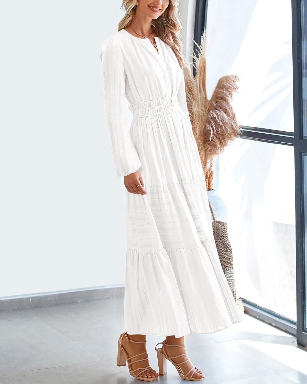 imageBTFBM Fall Dresses for Women 2025 Casual Long Sleeve V Neck Elastic Waist Lightweight Maxi Wedding Guest Dress PocketsWhite