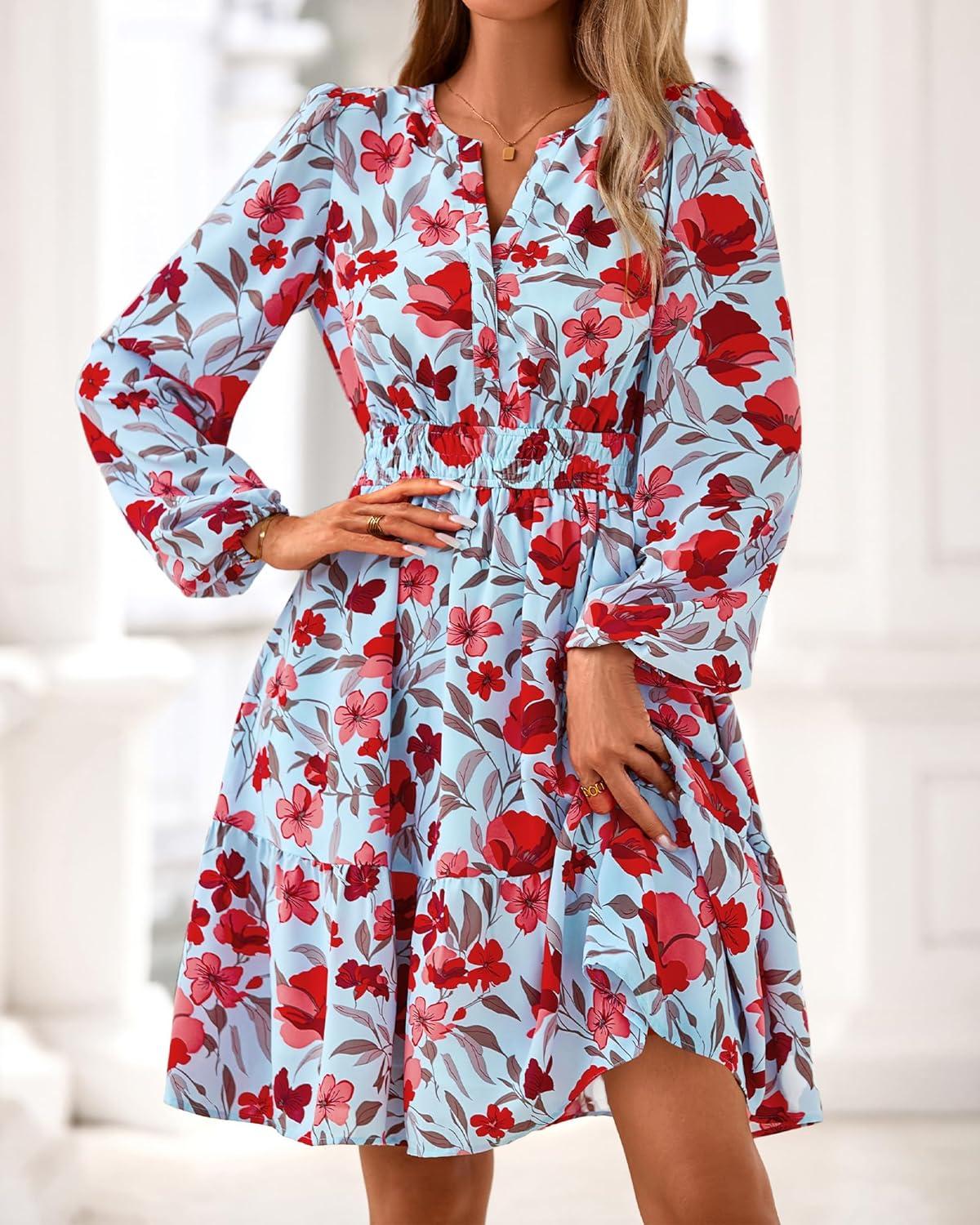 imageBTFBM Fall Dresses for Women 2025 Long Sleeve Elastic Waist Mini Wedding Guest Dress Boho Floral Beach Vacation ClothesBlue Red Flower