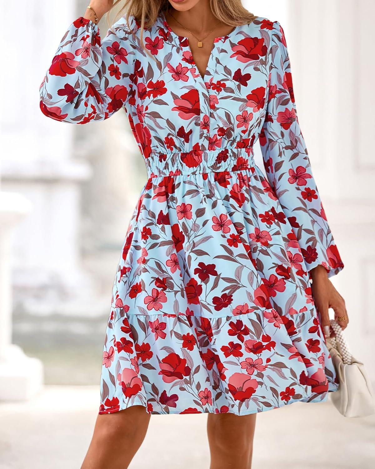 imageBTFBM Fall Dresses for Women 2025 Long Sleeve Elastic Waist Mini Wedding Guest Dress Boho Floral Beach Vacation ClothesBlue Red Flower