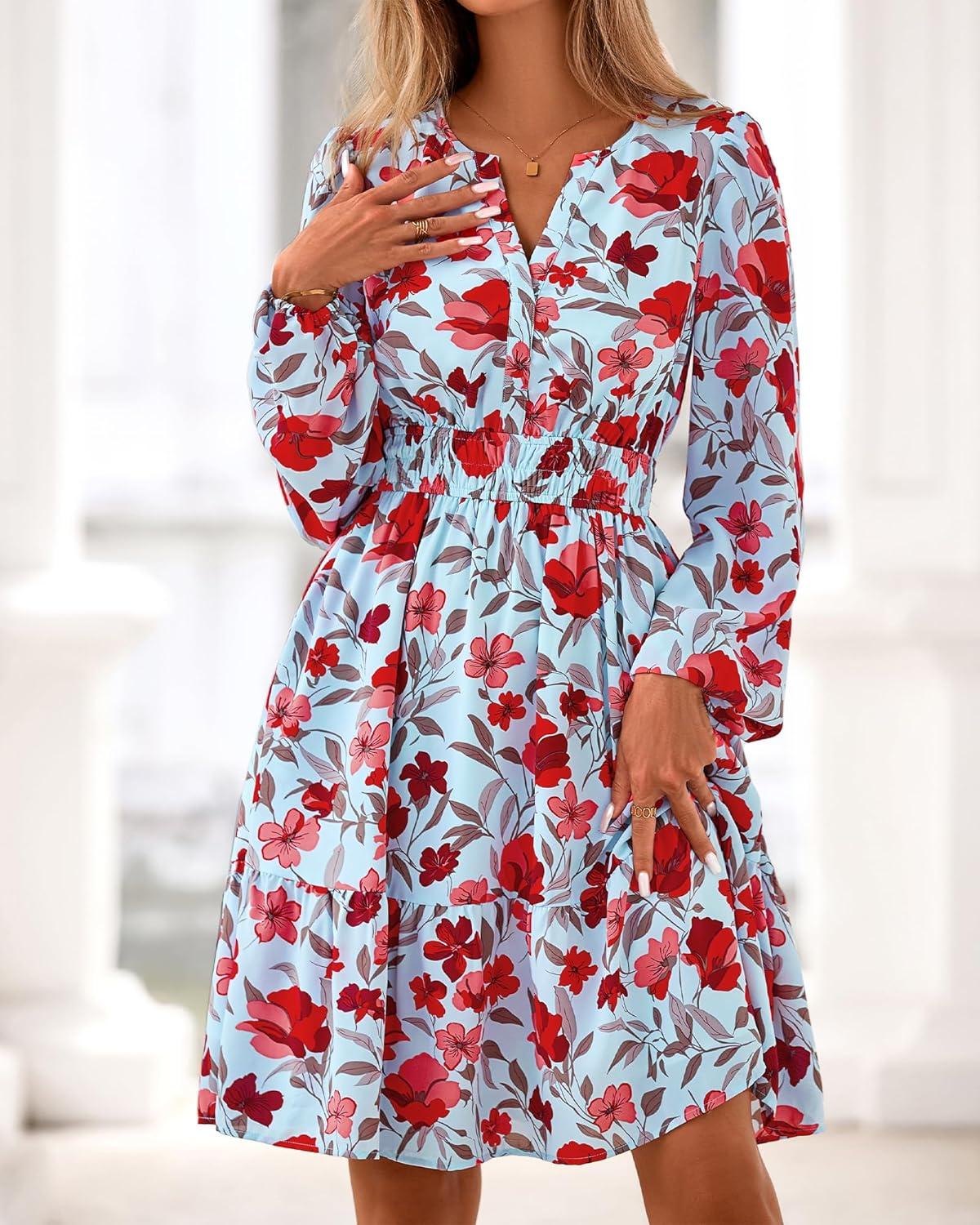 imageBTFBM Fall Dresses for Women 2025 Long Sleeve Elastic Waist Mini Wedding Guest Dress Boho Floral Beach Vacation ClothesBlue Red Flower