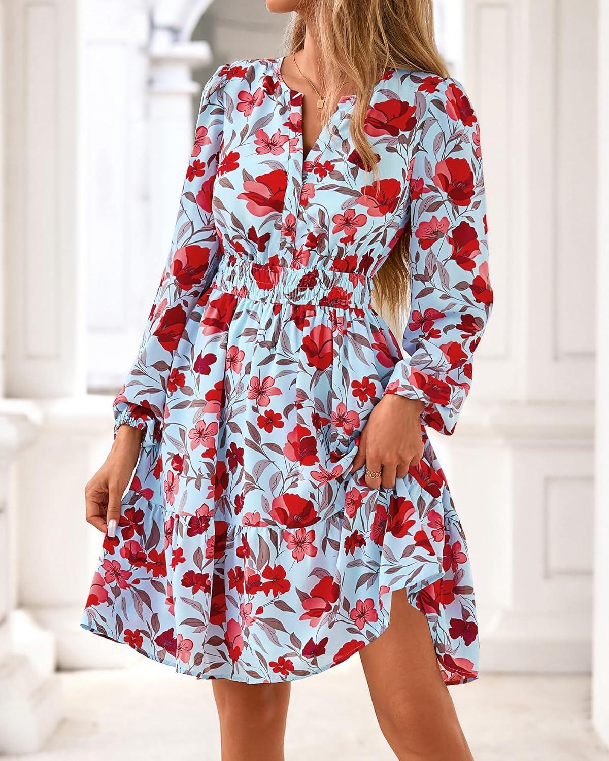 imageBTFBM Fall Dresses for Women 2025 Long Sleeve Elastic Waist Mini Wedding Guest Dress Boho Floral Beach Vacation ClothesBlue Red Flower