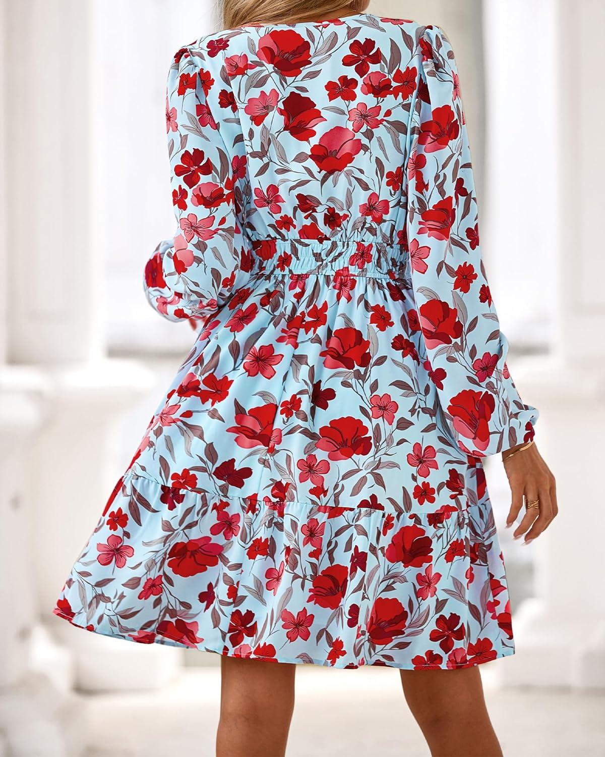 imageBTFBM Fall Dresses for Women 2025 Long Sleeve Elastic Waist Mini Wedding Guest Dress Boho Floral Beach Vacation ClothesBlue Red Flower