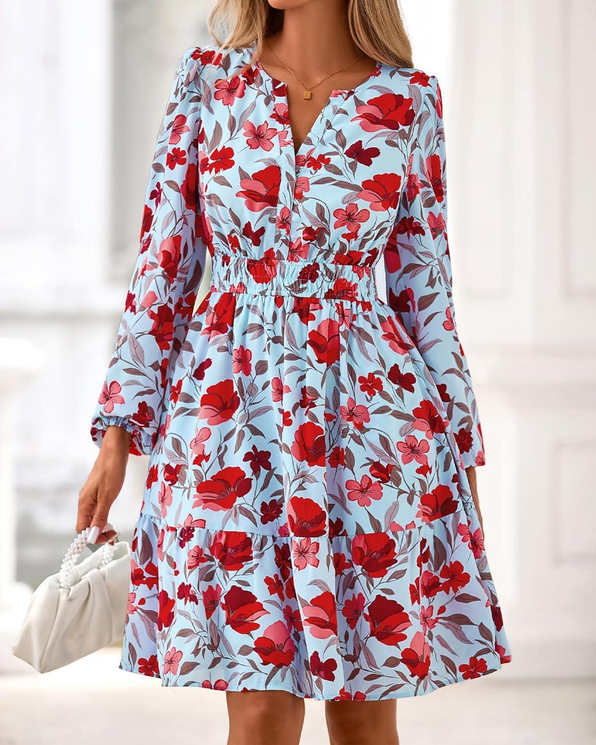 imageBTFBM Fall Dresses for Women 2025 Long Sleeve Elastic Waist Mini Wedding Guest Dress Boho Floral Beach Vacation ClothesBlue Red Flower