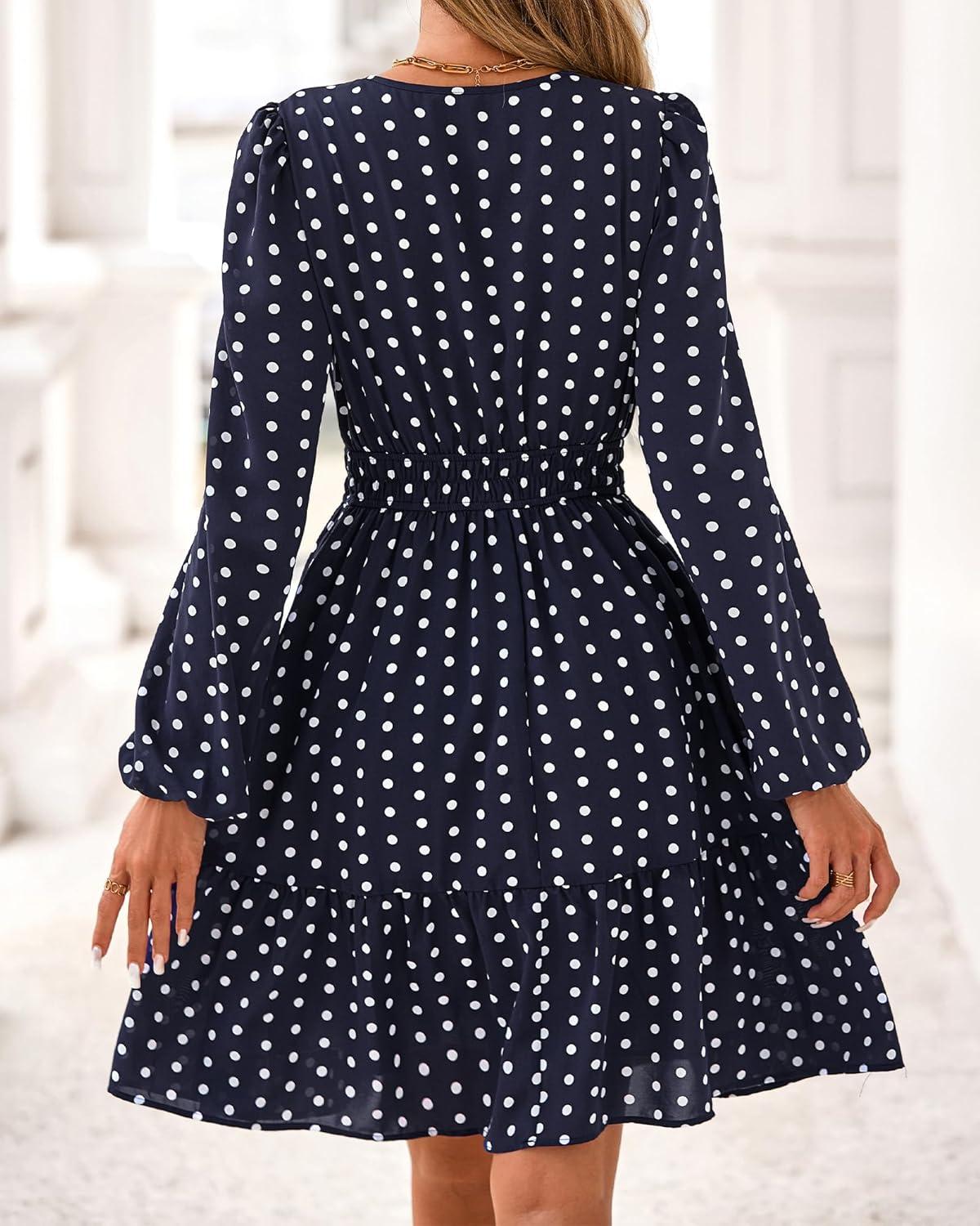 imageBTFBM Fall Dresses for Women 2025 Long Sleeve Elastic Waist Mini Wedding Guest Dress Boho Floral Beach Vacation ClothesDot Navy White