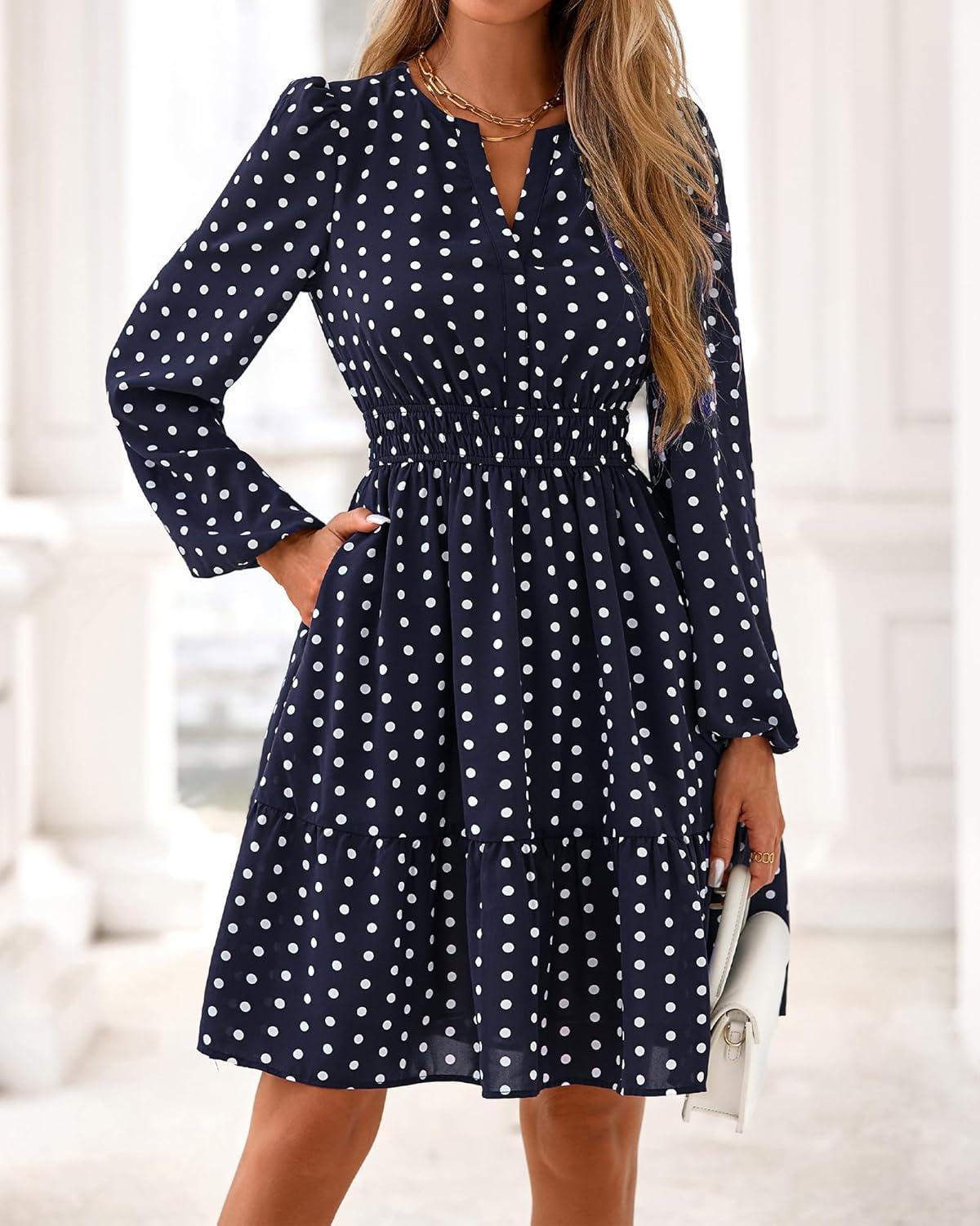 imageBTFBM Fall Dresses for Women 2025 Long Sleeve Elastic Waist Mini Wedding Guest Dress Boho Floral Beach Vacation ClothesDot Navy White