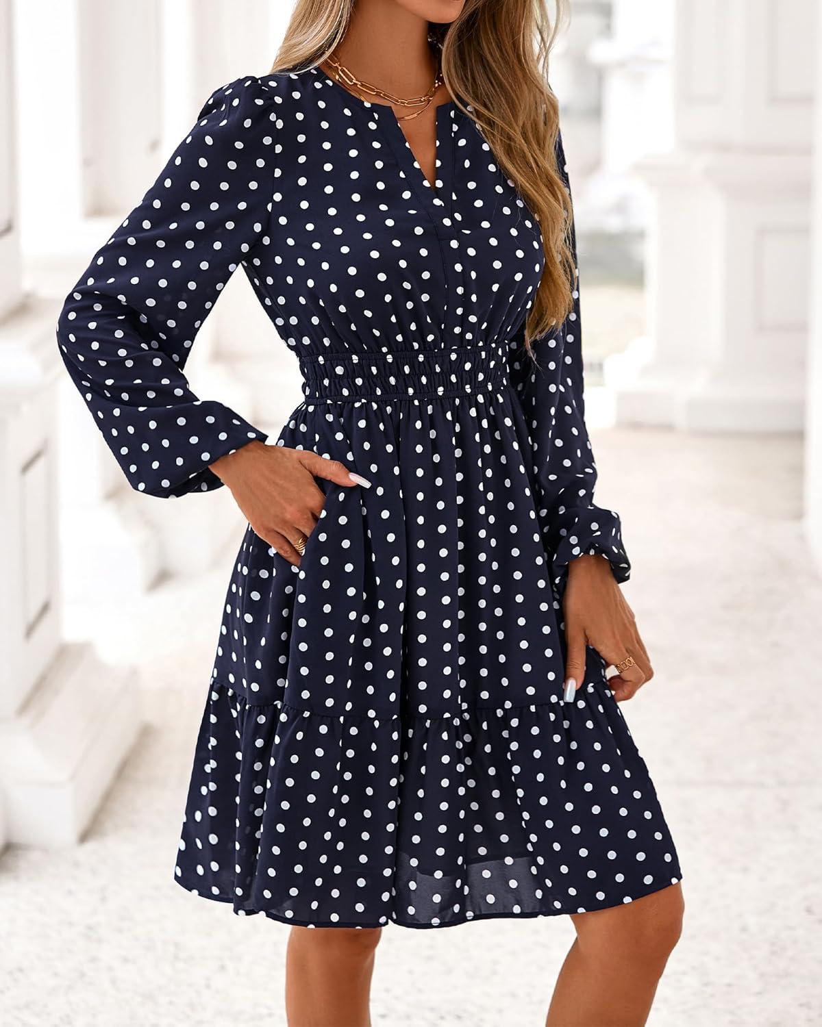 imageBTFBM Fall Dresses for Women 2025 Long Sleeve Elastic Waist Mini Wedding Guest Dress Boho Floral Beach Vacation ClothesDot Navy White