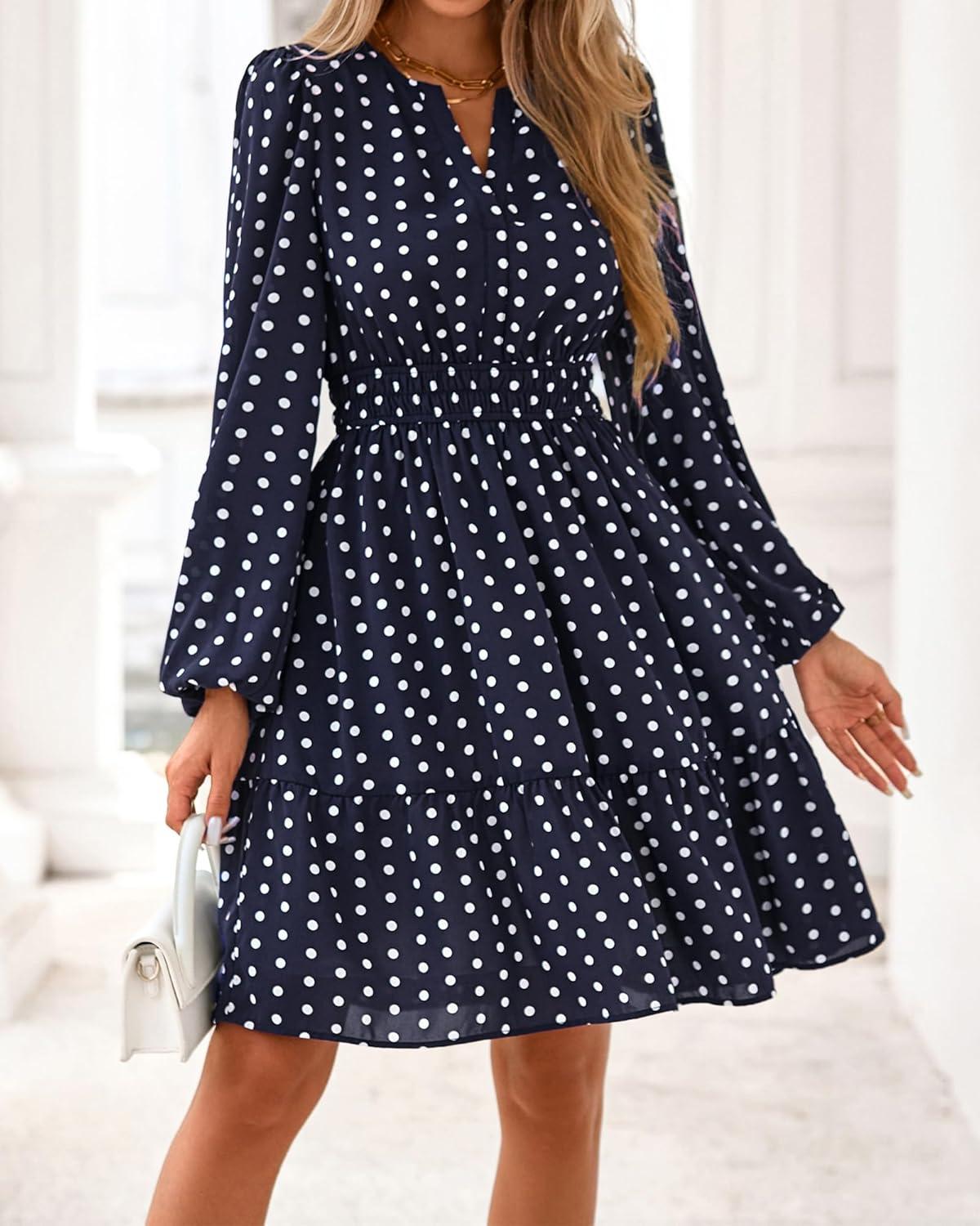 imageBTFBM Fall Dresses for Women 2025 Long Sleeve Elastic Waist Mini Wedding Guest Dress Boho Floral Beach Vacation ClothesDot Navy White