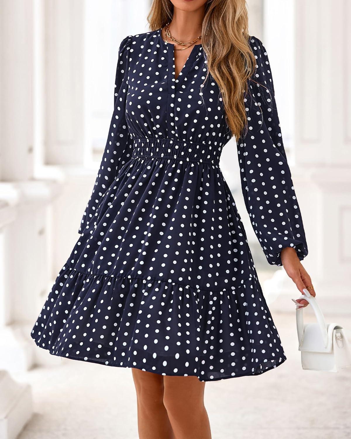 imageBTFBM Fall Dresses for Women 2025 Long Sleeve Elastic Waist Mini Wedding Guest Dress Boho Floral Beach Vacation ClothesDot Navy White