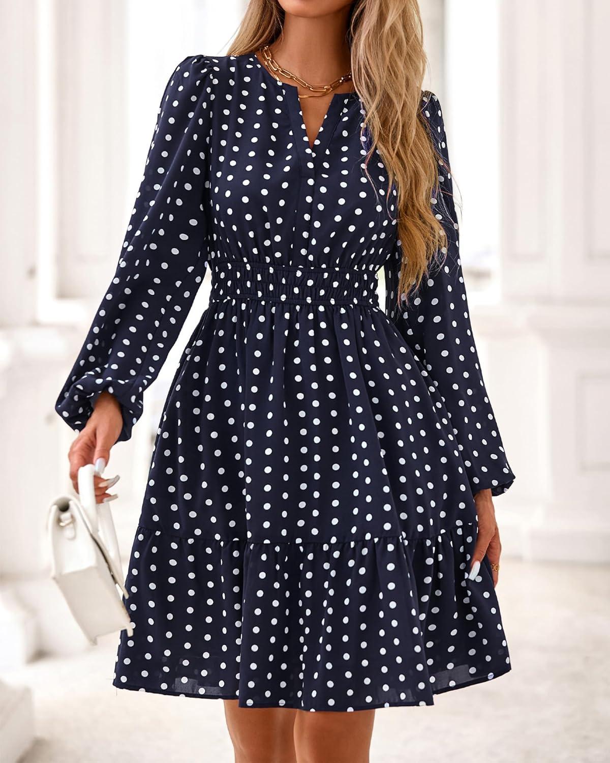 imageBTFBM Fall Dresses for Women 2025 Long Sleeve Elastic Waist Mini Wedding Guest Dress Boho Floral Beach Vacation ClothesDot Navy White