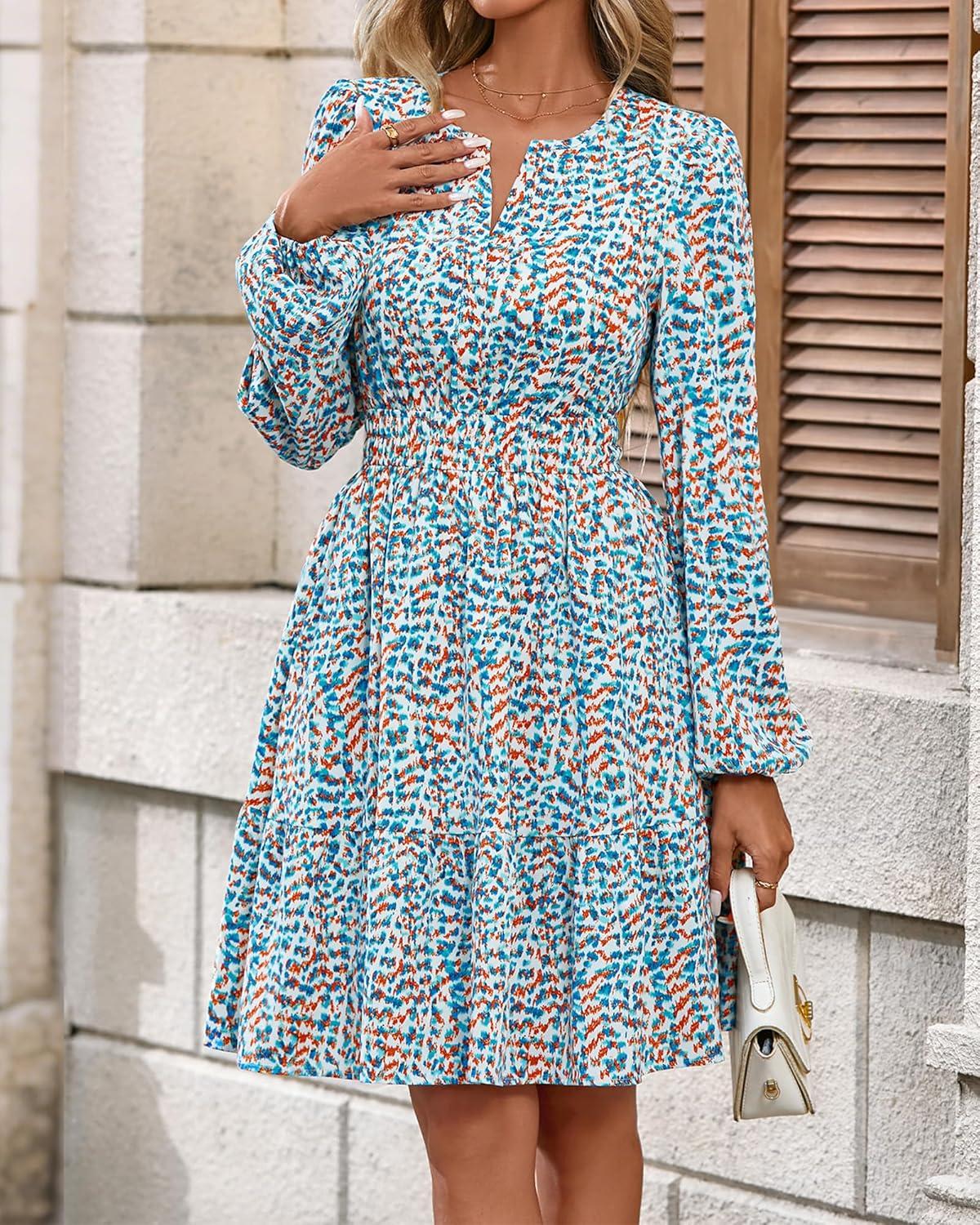 imageBTFBM Fall Dresses for Women 2025 Long Sleeve Elastic Waist Mini Wedding Guest Dress Boho Floral Beach Vacation ClothesFloral Blue White