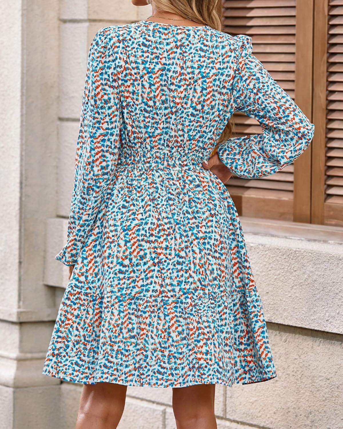 imageBTFBM Fall Dresses for Women 2025 Long Sleeve Elastic Waist Mini Wedding Guest Dress Boho Floral Beach Vacation ClothesFloral Blue White