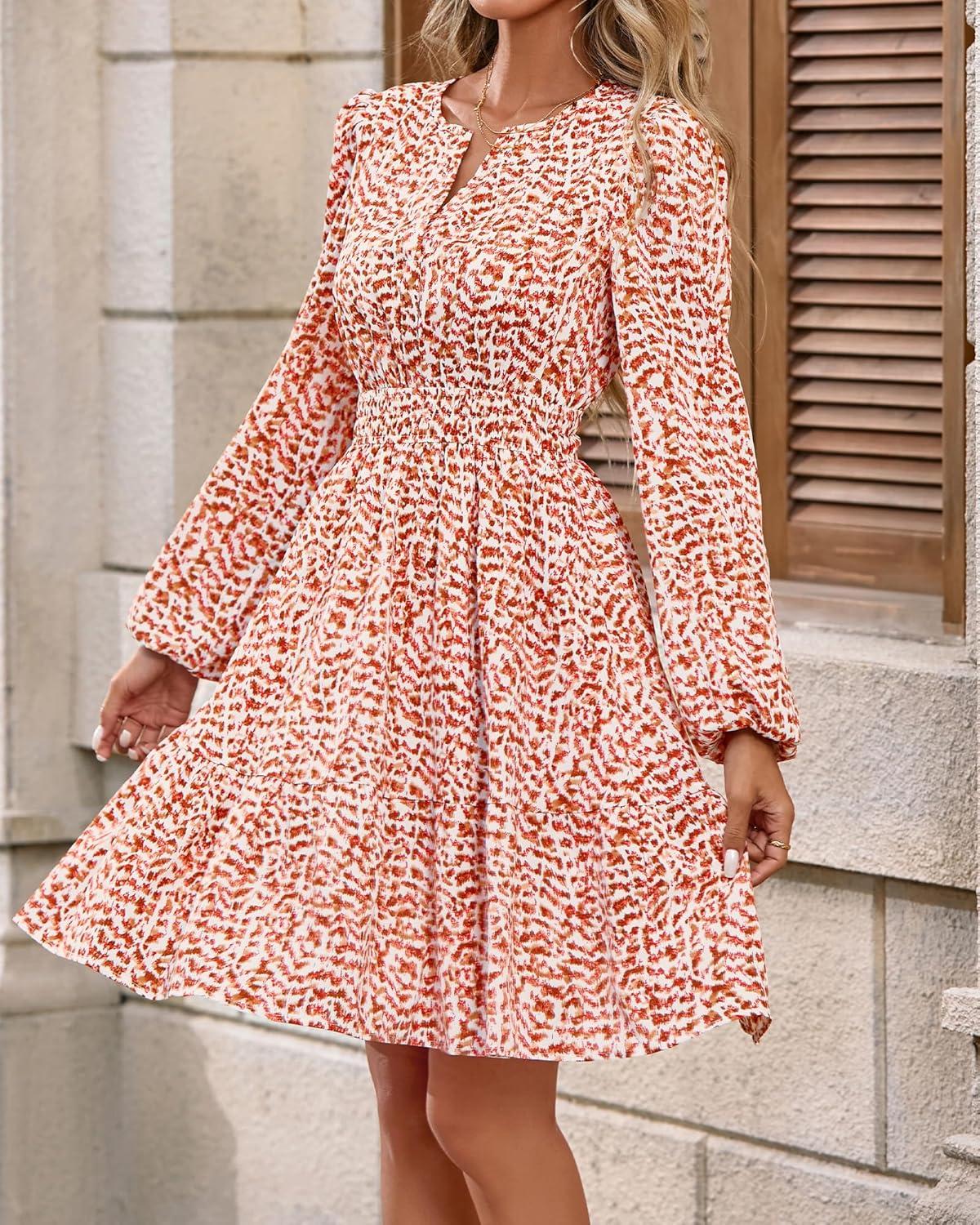 imageBTFBM Fall Dresses for Women 2025 Long Sleeve Elastic Waist Mini Wedding Guest Dress Boho Floral Beach Vacation ClothesFloral Orange