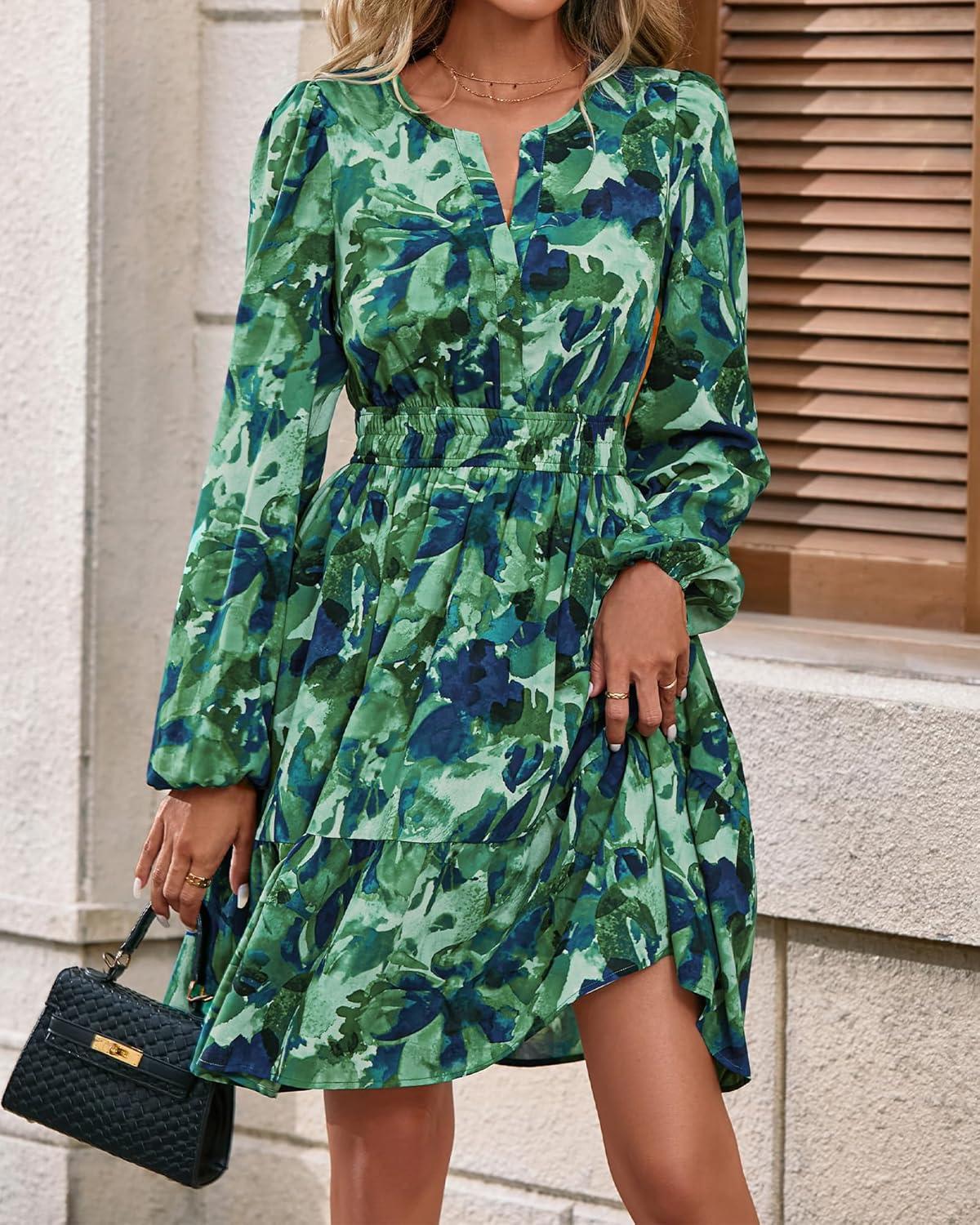 imageBTFBM Fall Dresses for Women 2025 Long Sleeve Elastic Waist Mini Wedding Guest Dress Boho Floral Beach Vacation ClothesFlower Green