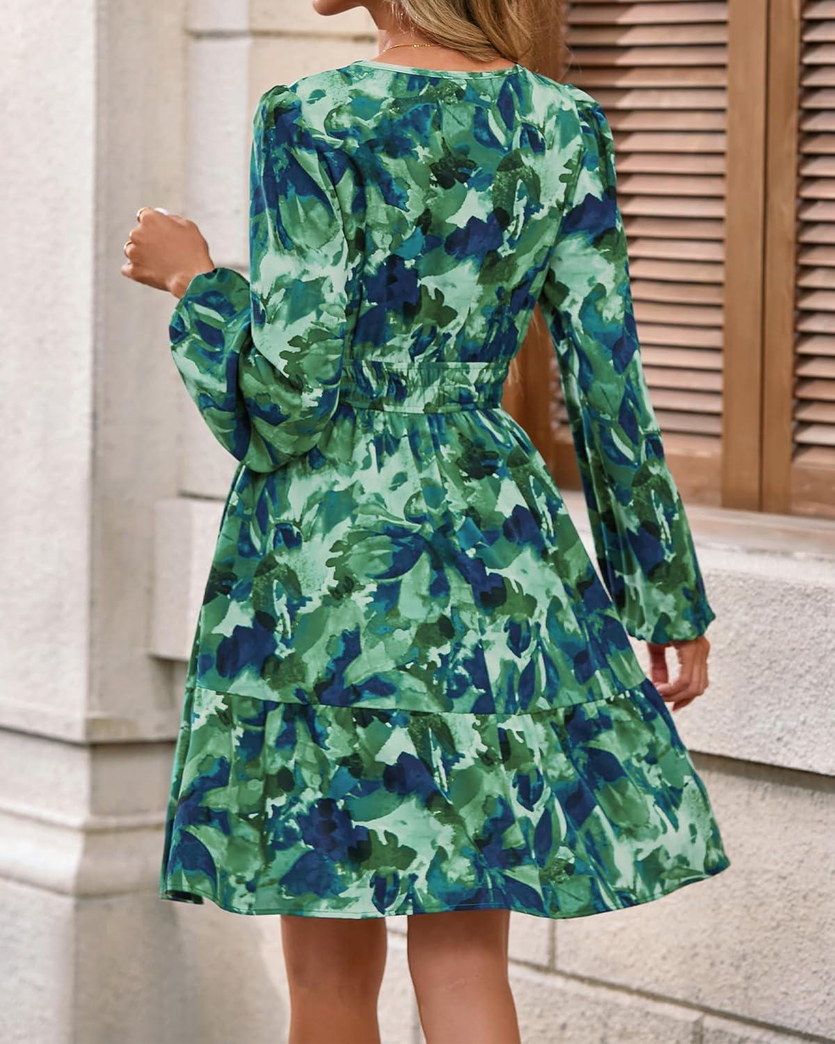 imageBTFBM Fall Dresses for Women 2025 Long Sleeve Elastic Waist Mini Wedding Guest Dress Boho Floral Beach Vacation ClothesFlower Green