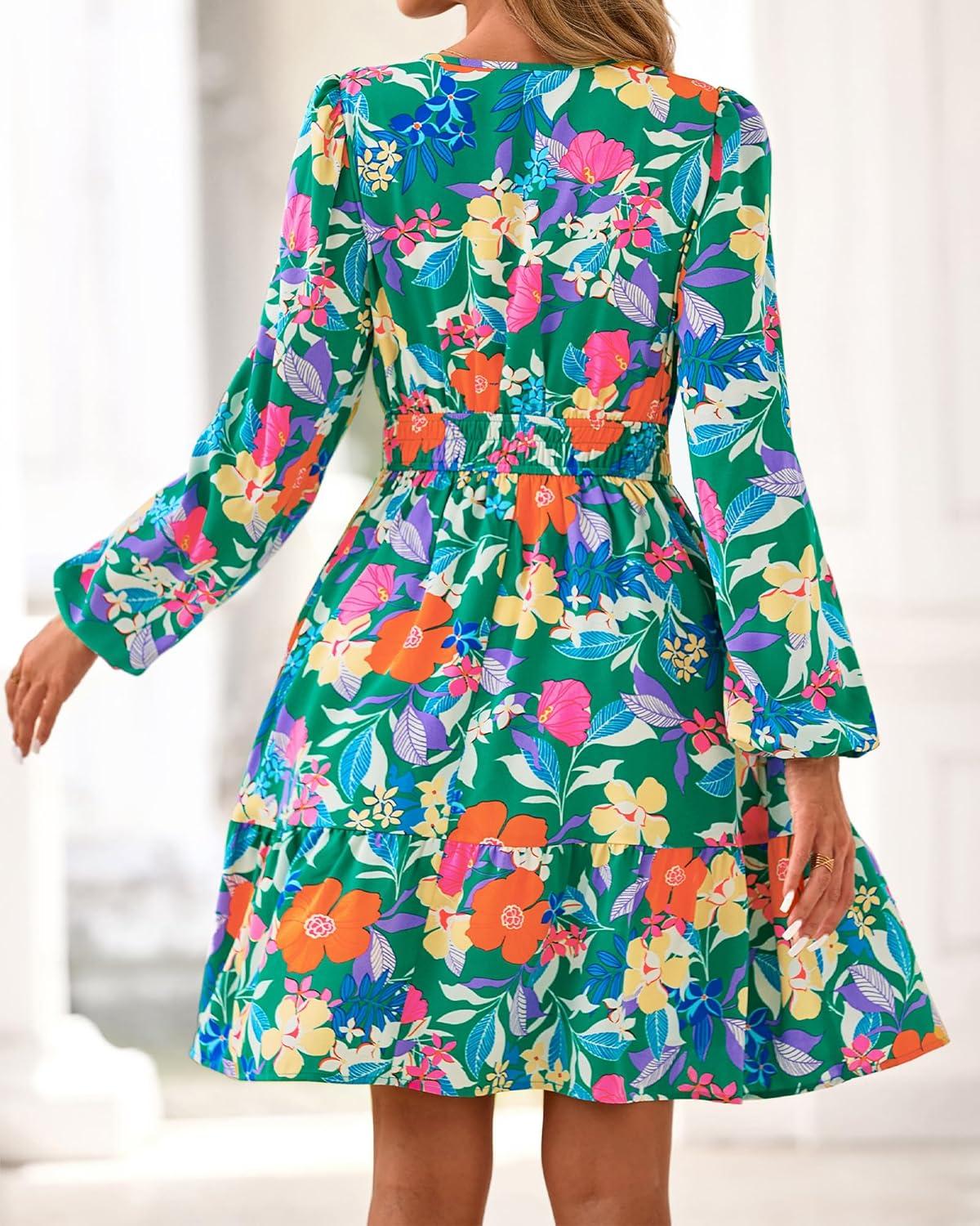 imageBTFBM Fall Dresses for Women 2025 Long Sleeve Elastic Waist Mini Wedding Guest Dress Boho Floral Beach Vacation ClothesGreen Orange Flower