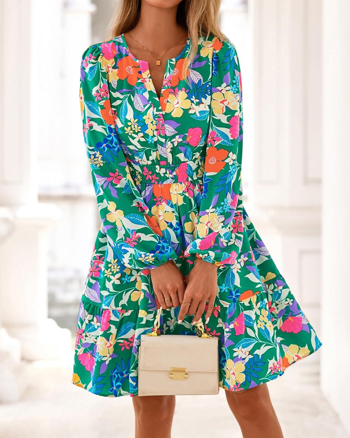 imageBTFBM Fall Dresses for Women 2025 Long Sleeve Elastic Waist Mini Wedding Guest Dress Boho Floral Beach Vacation ClothesGreen Orange Flower