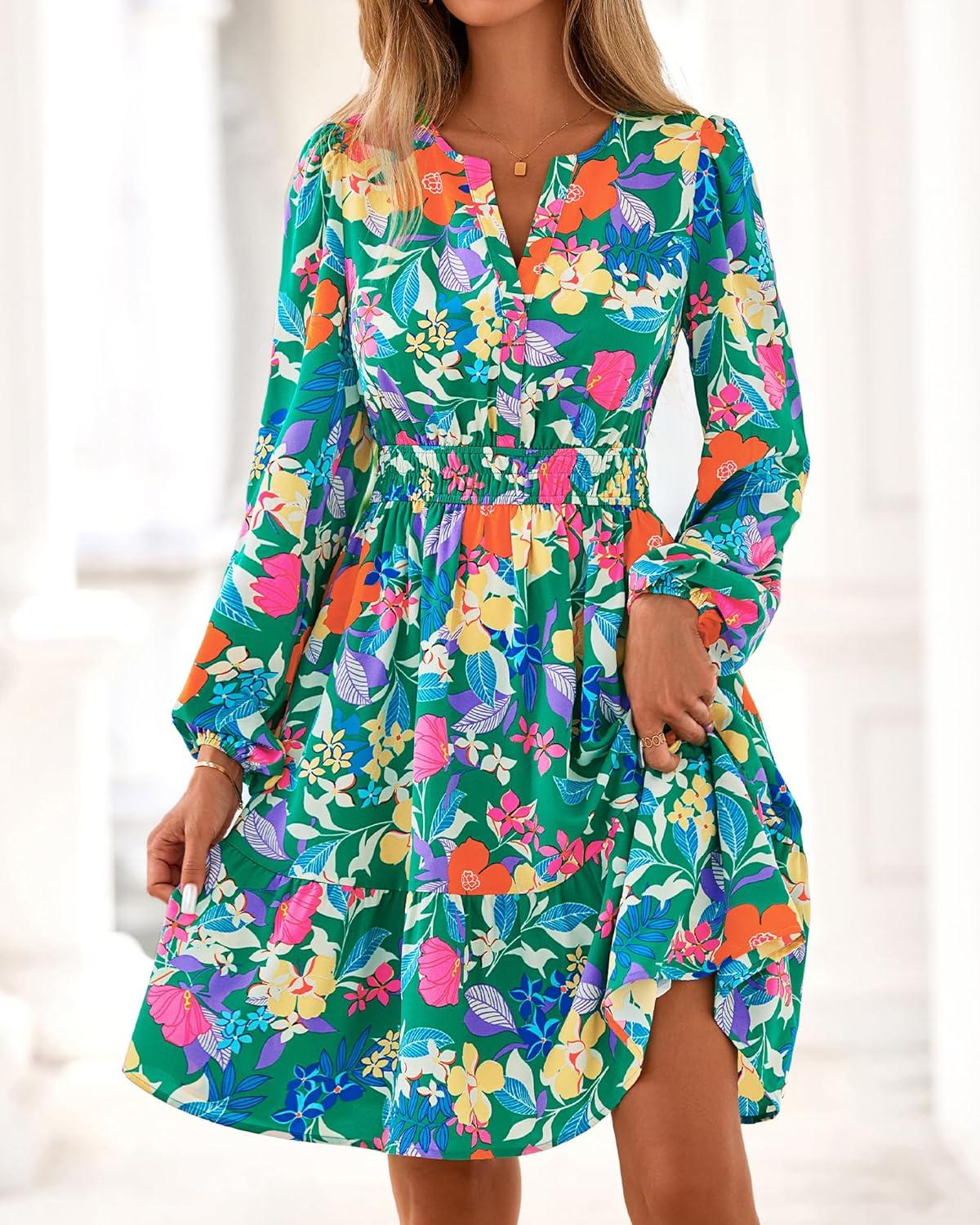 imageBTFBM Fall Dresses for Women 2025 Long Sleeve Elastic Waist Mini Wedding Guest Dress Boho Floral Beach Vacation ClothesGreen Orange Flower