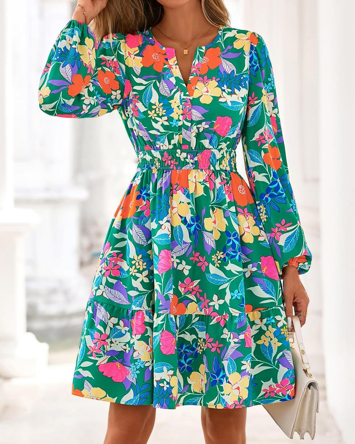 imageBTFBM Fall Dresses for Women 2025 Long Sleeve Elastic Waist Mini Wedding Guest Dress Boho Floral Beach Vacation ClothesGreen Orange Flower