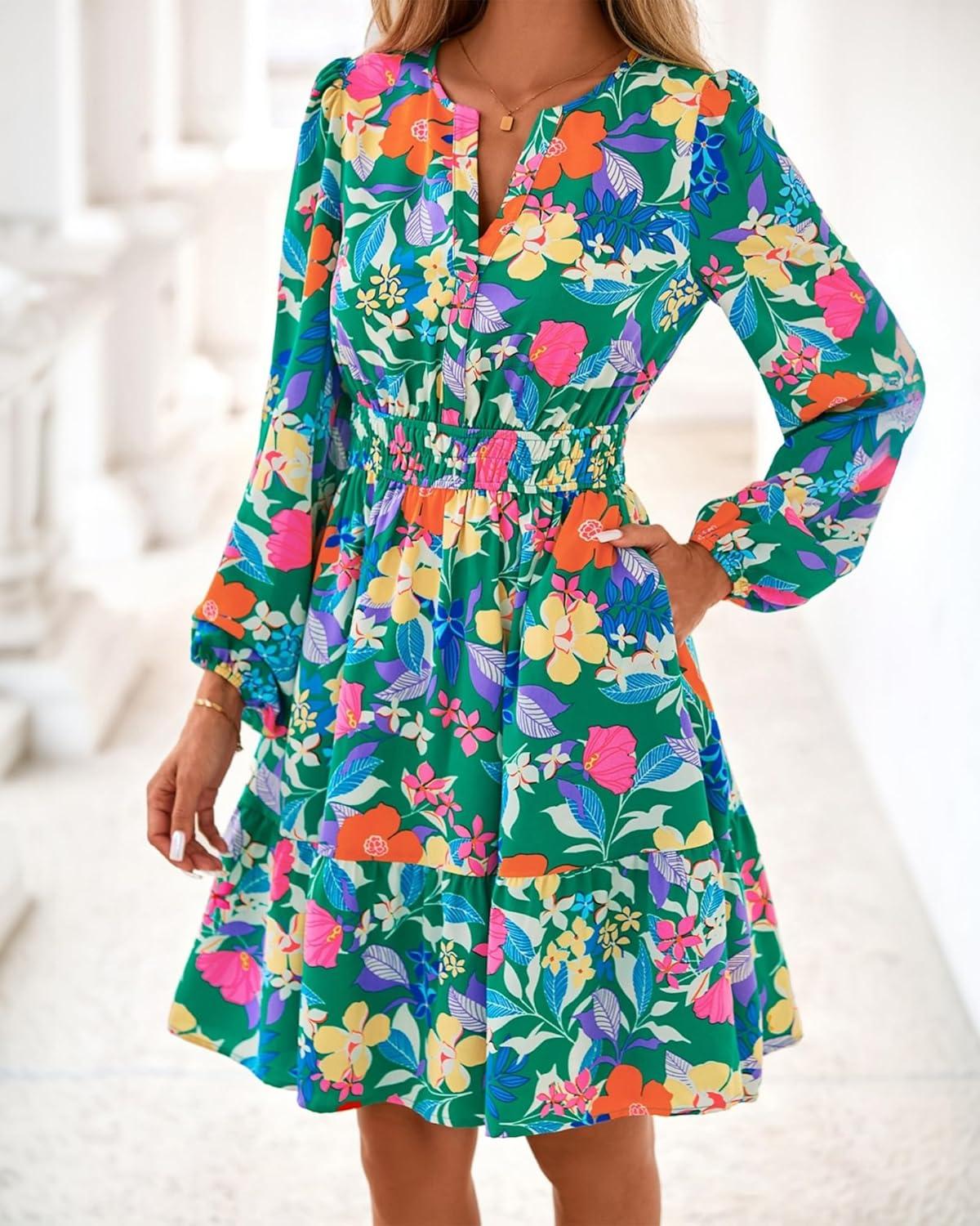 imageBTFBM Fall Dresses for Women 2025 Long Sleeve Elastic Waist Mini Wedding Guest Dress Boho Floral Beach Vacation ClothesGreen Orange Flower