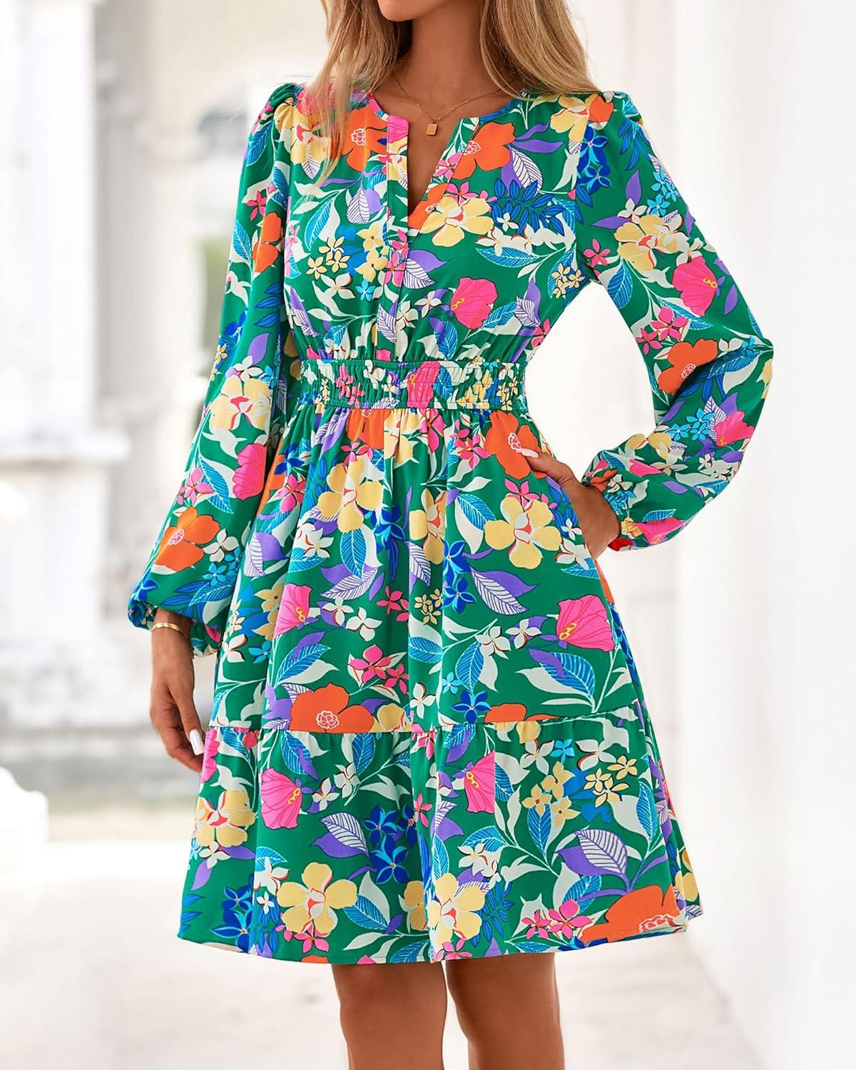 imageBTFBM Fall Dresses for Women 2025 Long Sleeve Elastic Waist Mini Wedding Guest Dress Boho Floral Beach Vacation ClothesGreen Orange Flower