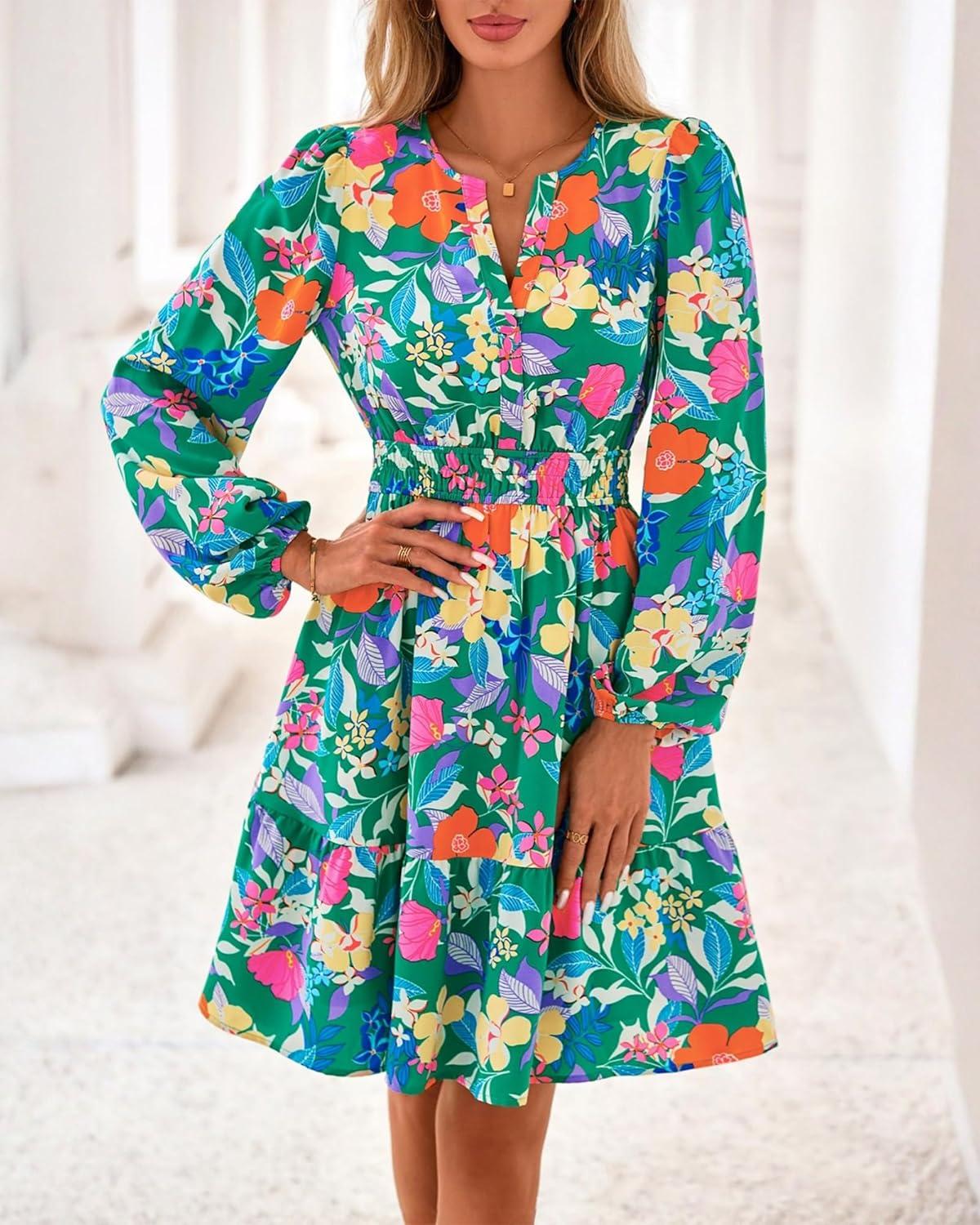 imageBTFBM Fall Dresses for Women 2025 Long Sleeve Elastic Waist Mini Wedding Guest Dress Boho Floral Beach Vacation ClothesGreen Orange Flower