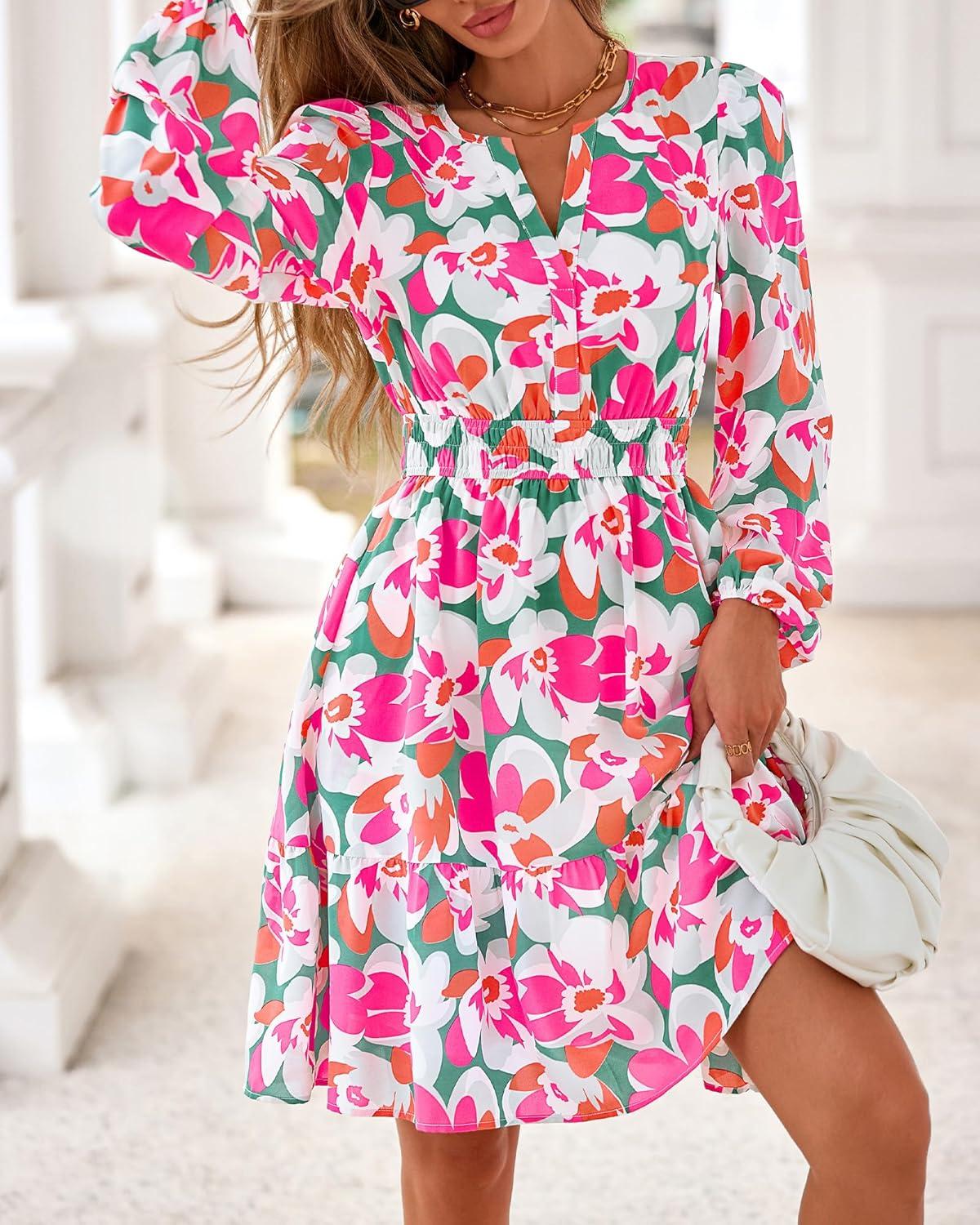 imageBTFBM Fall Dresses for Women 2025 Long Sleeve Elastic Waist Mini Wedding Guest Dress Boho Floral Beach Vacation ClothesGreen Pink Flower