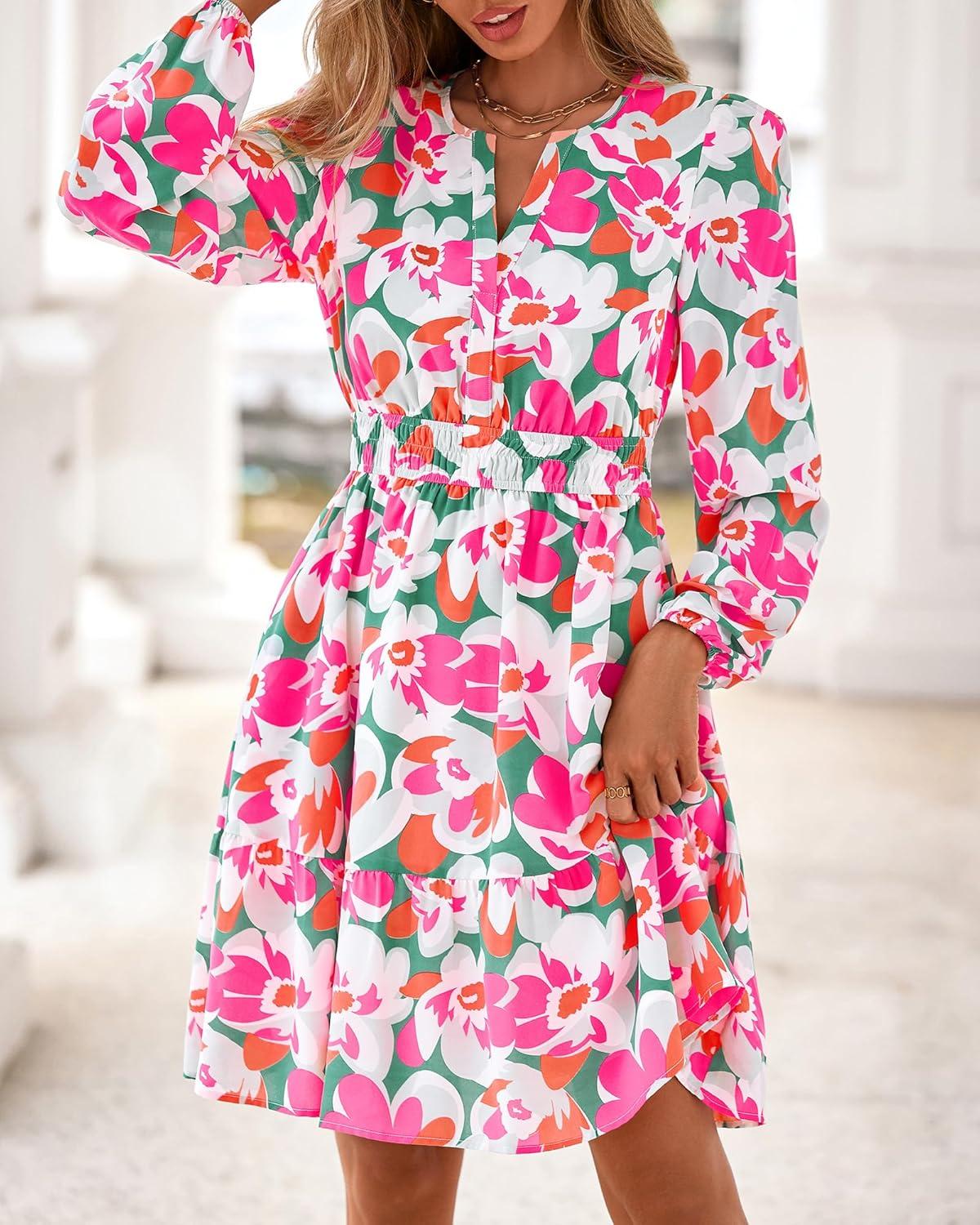 imageBTFBM Fall Dresses for Women 2025 Long Sleeve Elastic Waist Mini Wedding Guest Dress Boho Floral Beach Vacation ClothesGreen Pink Flower