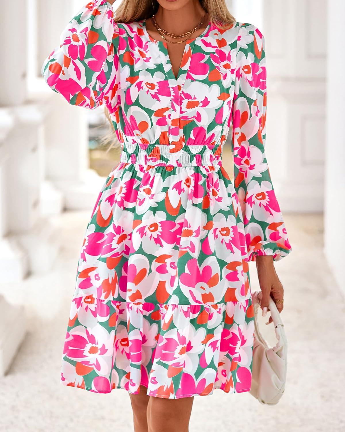 imageBTFBM Fall Dresses for Women 2025 Long Sleeve Elastic Waist Mini Wedding Guest Dress Boho Floral Beach Vacation ClothesGreen Pink Flower