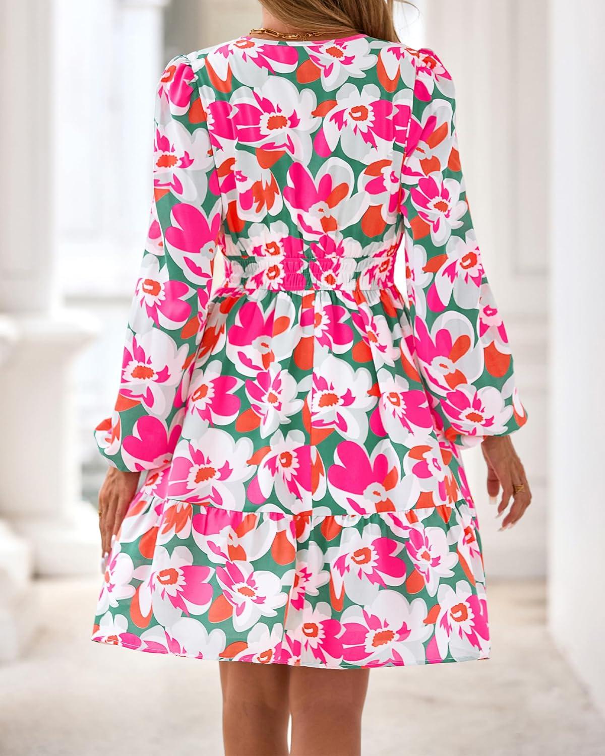 imageBTFBM Fall Dresses for Women 2025 Long Sleeve Elastic Waist Mini Wedding Guest Dress Boho Floral Beach Vacation ClothesGreen Pink Flower