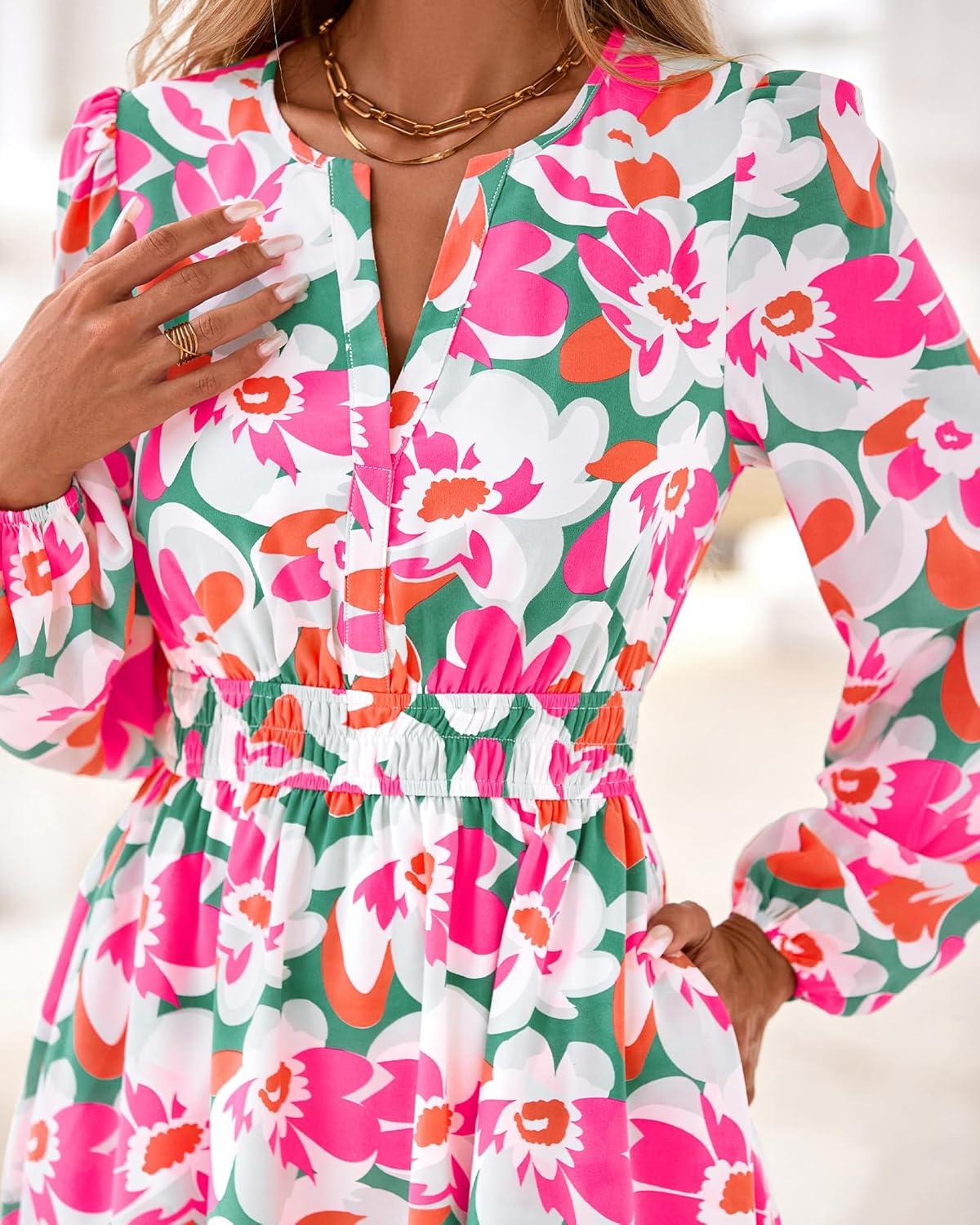 imageBTFBM Fall Dresses for Women 2025 Long Sleeve Elastic Waist Mini Wedding Guest Dress Boho Floral Beach Vacation ClothesGreen Pink Flower