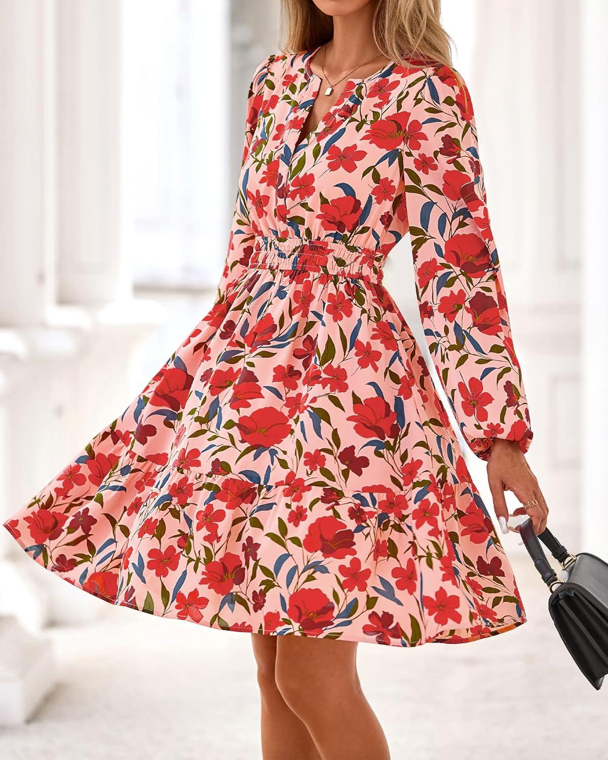 imageBTFBM Fall Dresses for Women 2025 Long Sleeve Elastic Waist Mini Wedding Guest Dress Boho Floral Beach Vacation ClothesOrange Pink Red Flower