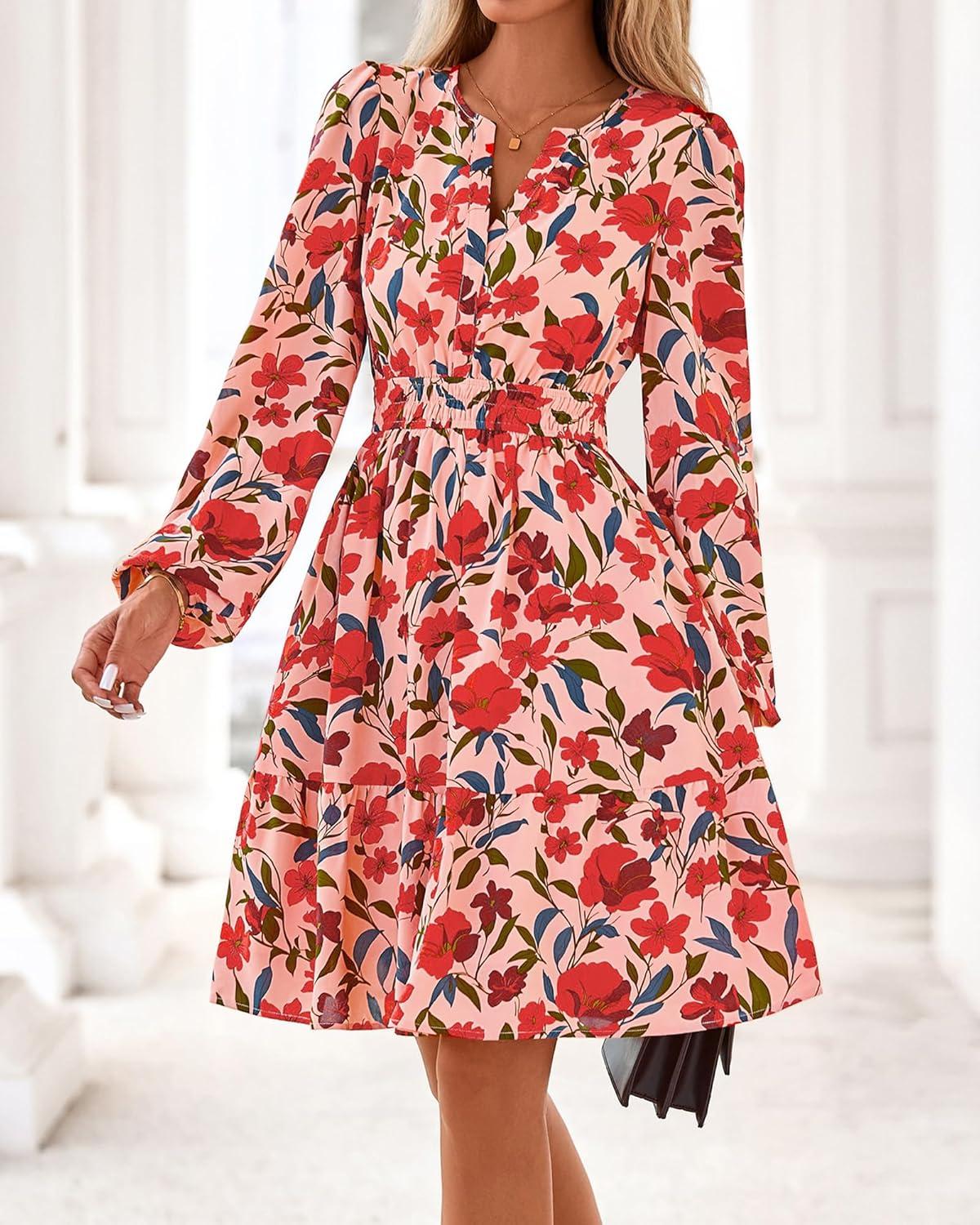 imageBTFBM Fall Dresses for Women 2025 Long Sleeve Elastic Waist Mini Wedding Guest Dress Boho Floral Beach Vacation ClothesOrange Pink Red Flower