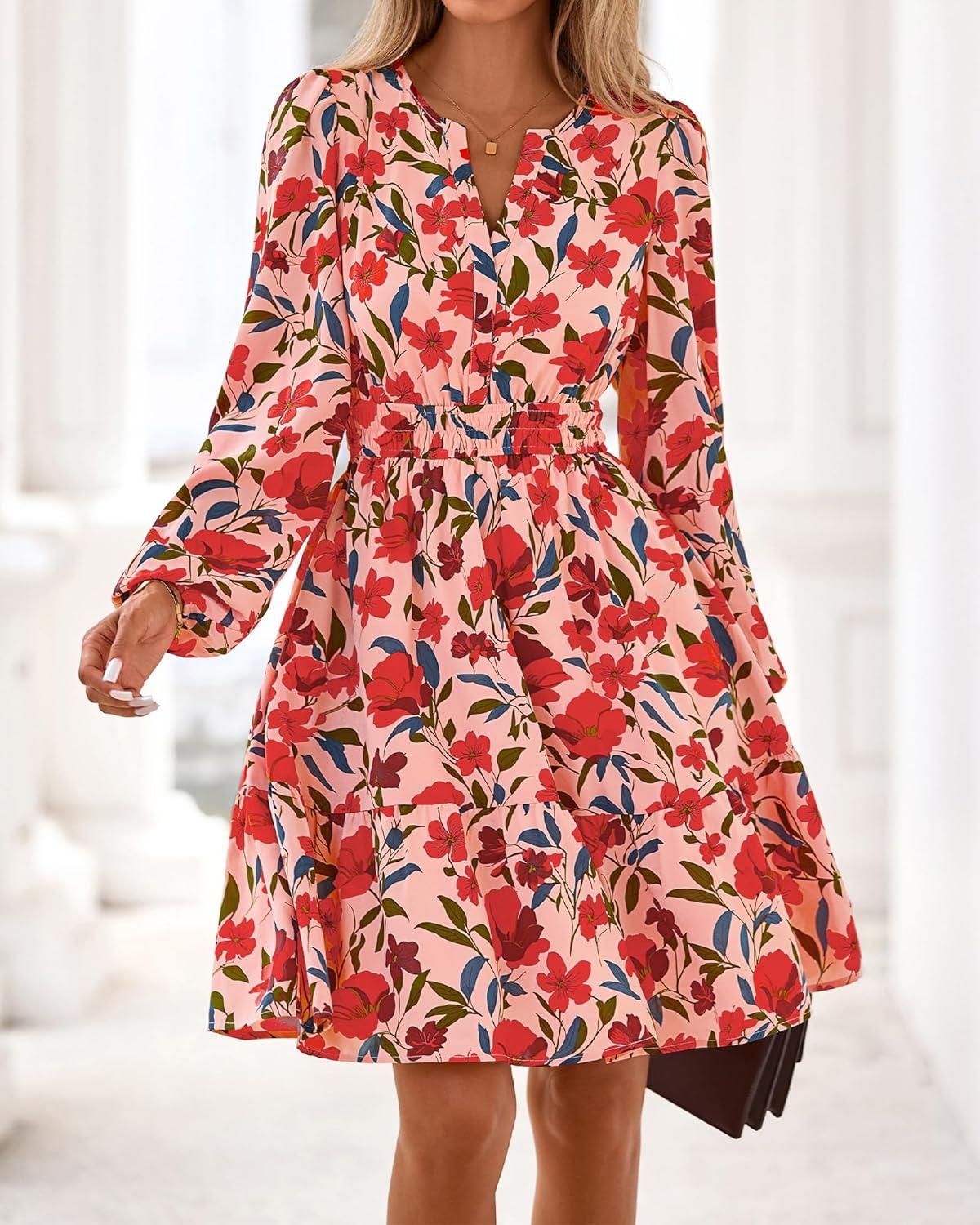 imageBTFBM Fall Dresses for Women 2025 Long Sleeve Elastic Waist Mini Wedding Guest Dress Boho Floral Beach Vacation ClothesOrange Pink Red Flower